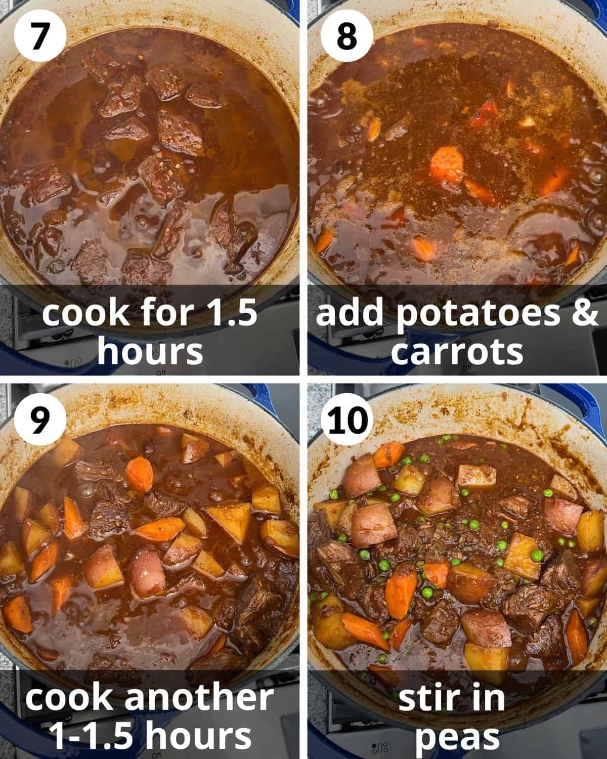 A 4 photo collage showing the final steps for old fashioned beef stew.
