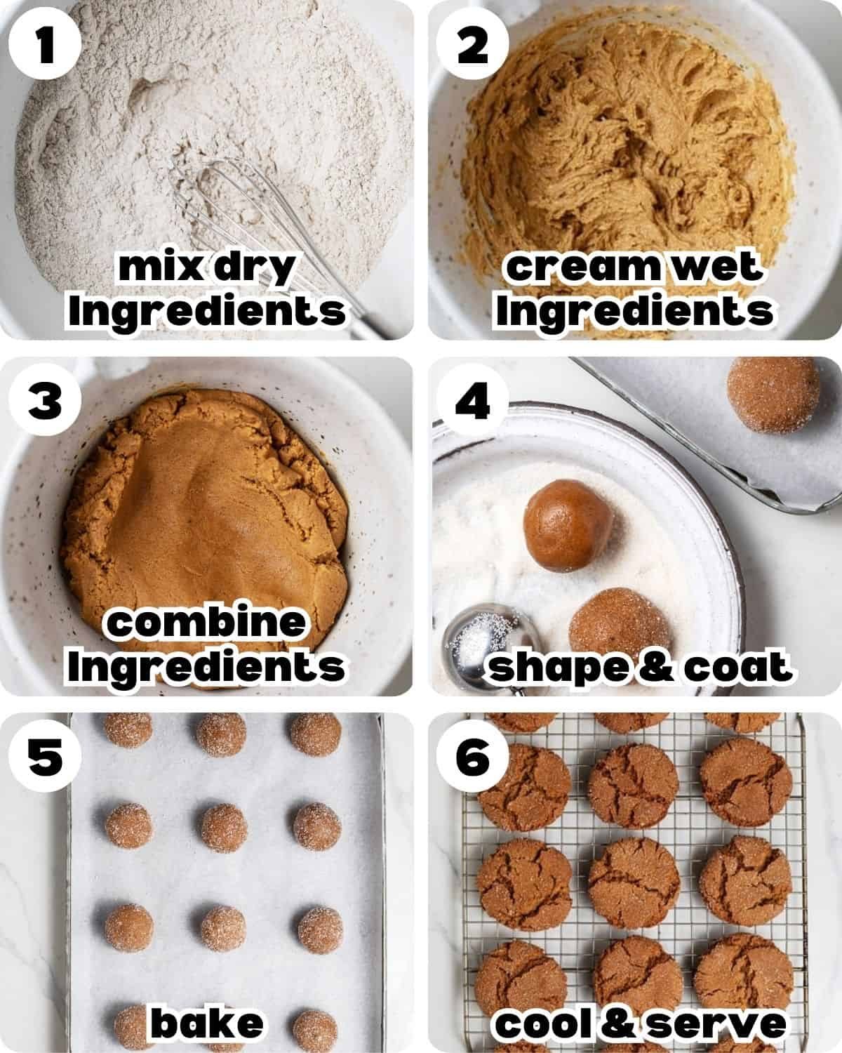 A 6 photo collage showing the steps for old fashioned ginger snaps.