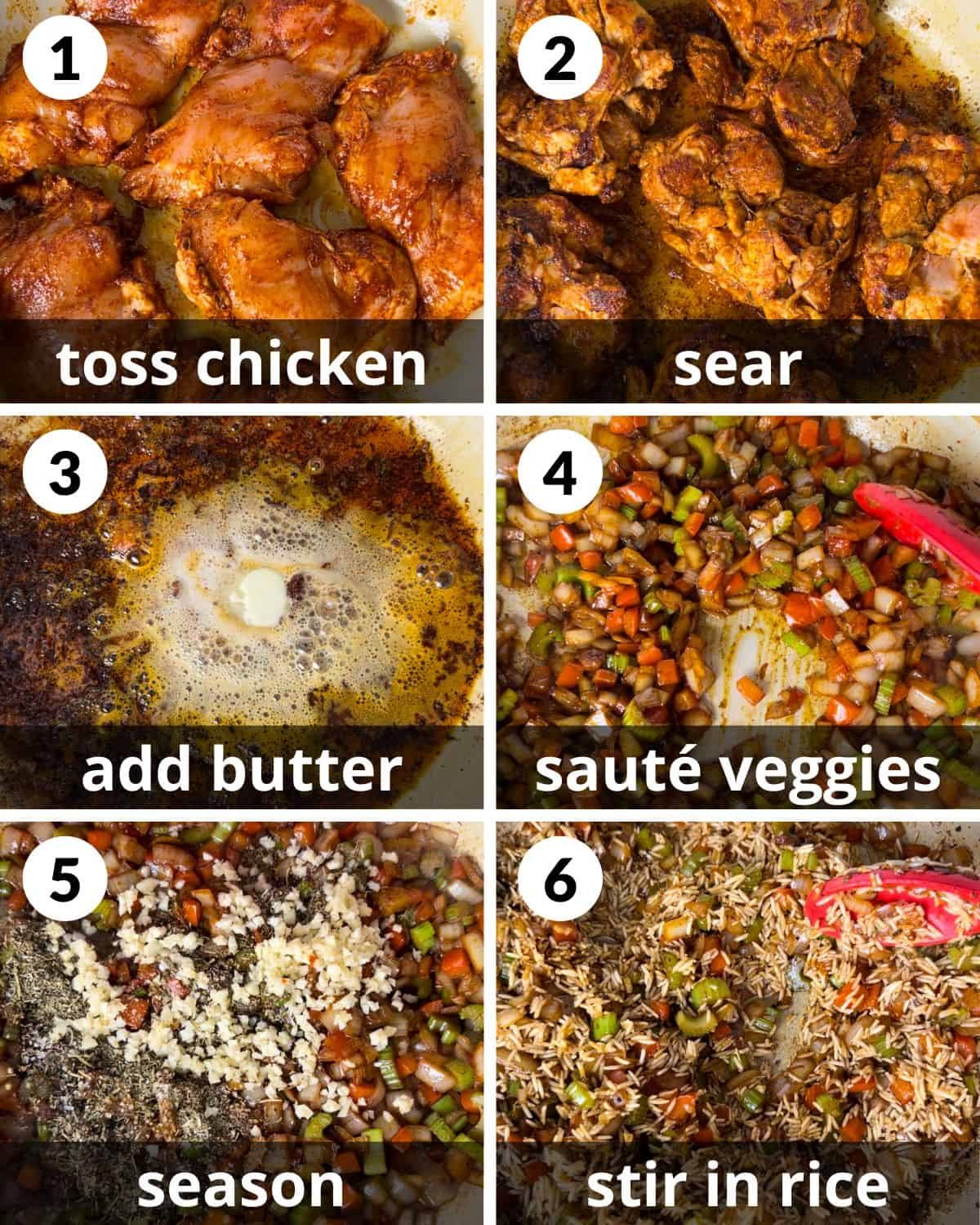 A 6 photo collage showing the assembly for dutch oven chicken and rice.