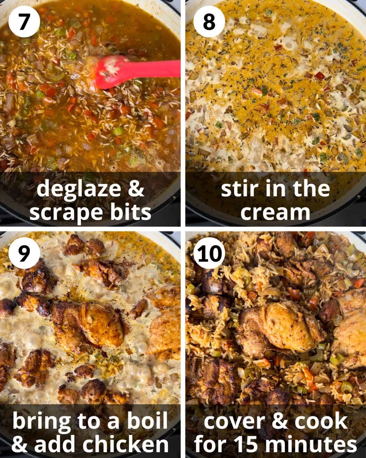 A four photo collage showing the final steps for dutch oven chicken and rice.