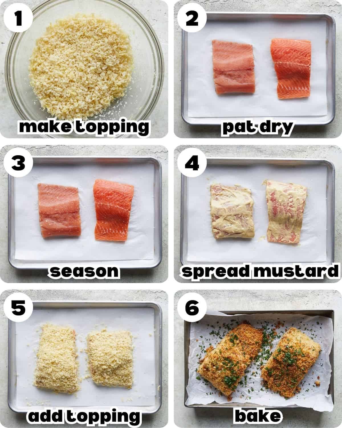 A 6 photo collage showing the steps to make panko crusted salmon.