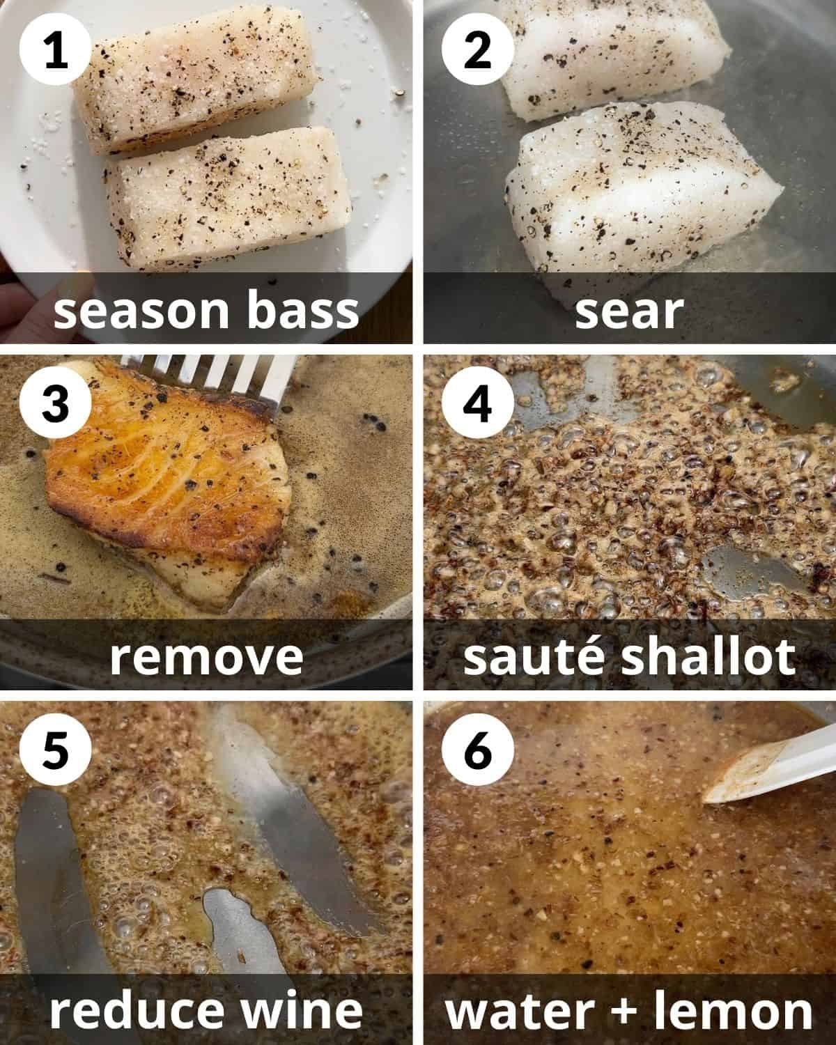 A 6 image collage showing the beginning assembly of pan seared chilean sea bass.
