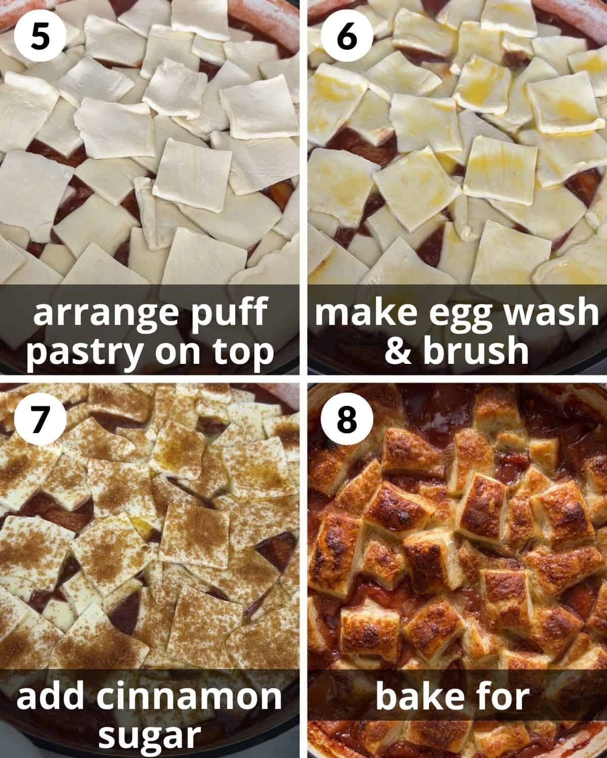 A 4 photo collage showing the final assembly of peach cobbler puff pastry.