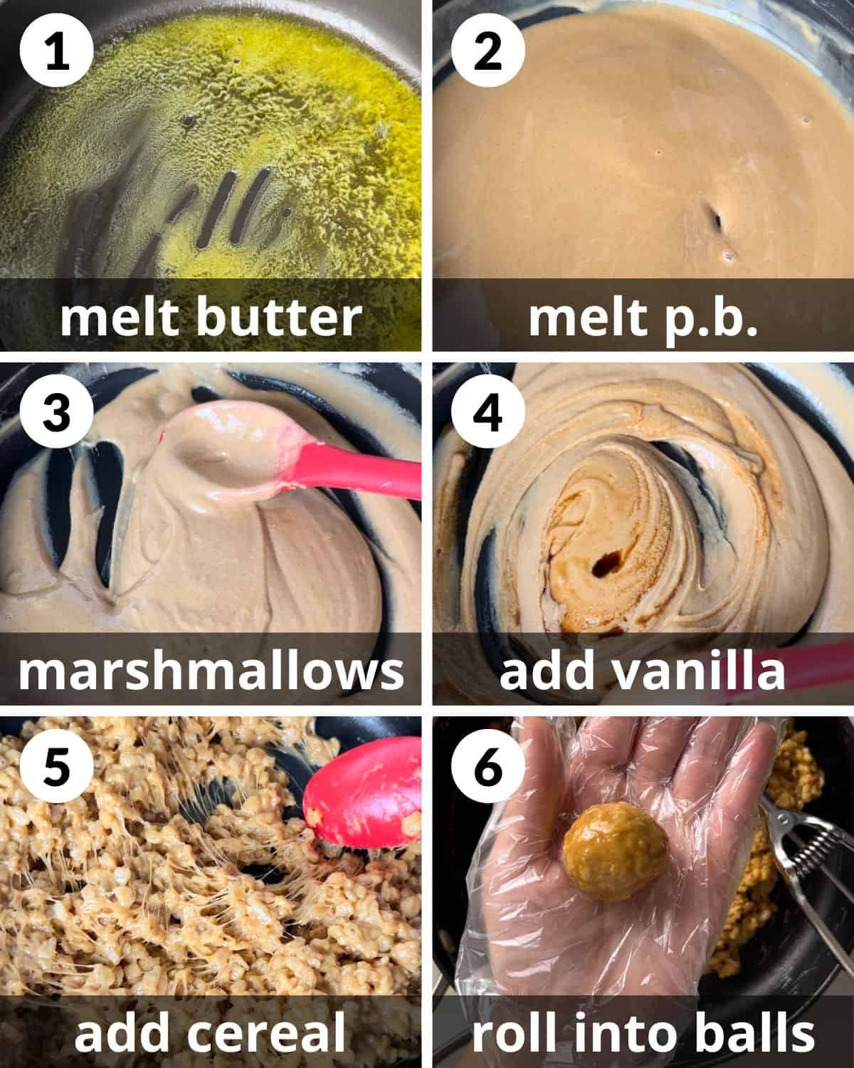 A 6 photo collage showing the assembly of peanut butter balls with rice krispies.