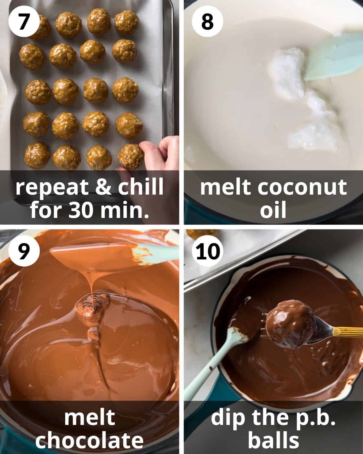 A 4 photo collage showing the final assembly of peanut butter balls with rice krispies.