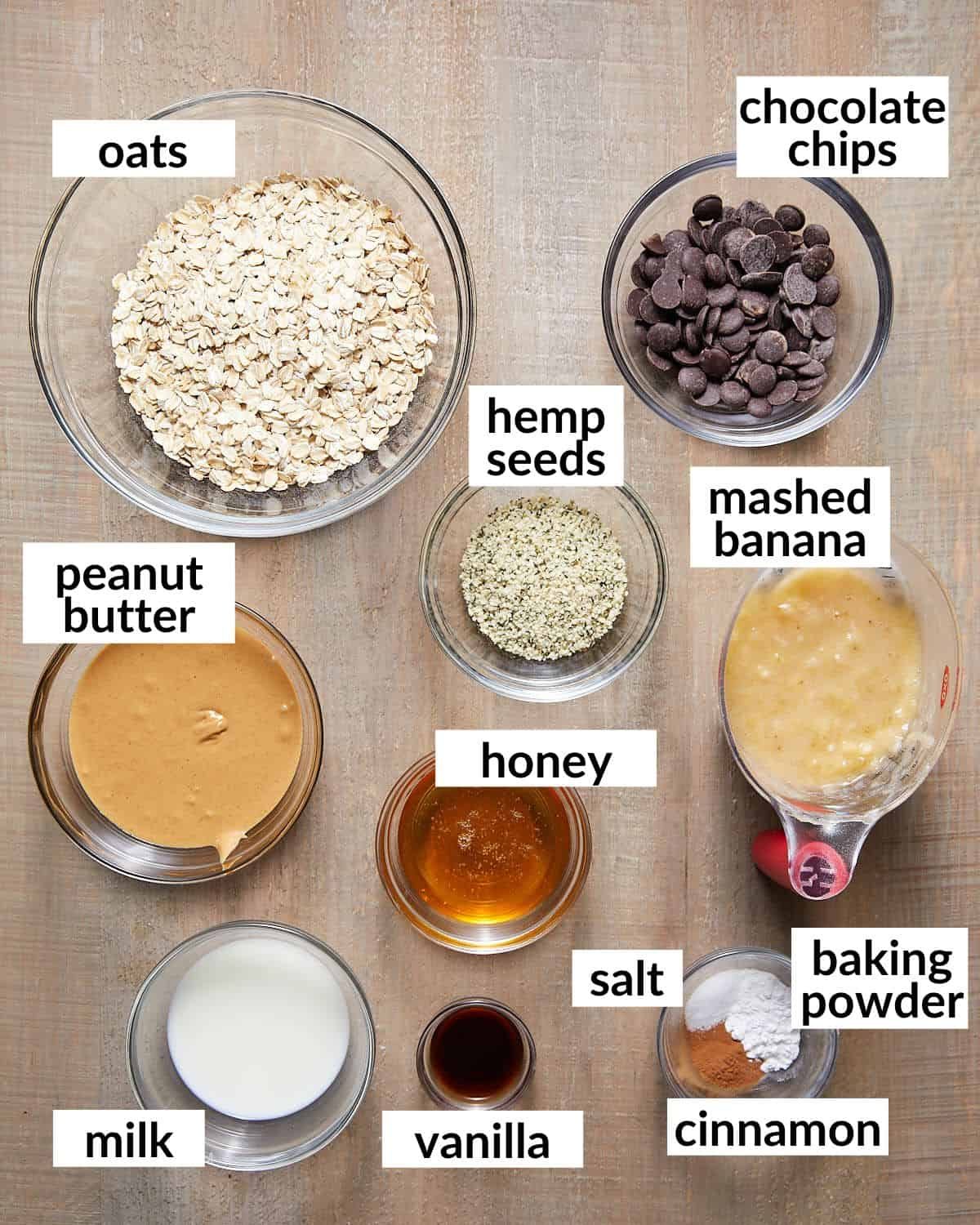 Ingredients needed to make peanut butter banana bars.