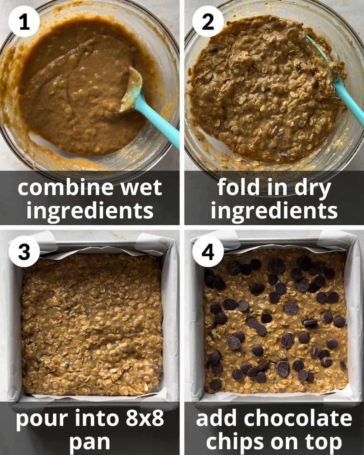 A 4 photo collage showing how to assemble peanut butter banana bars.