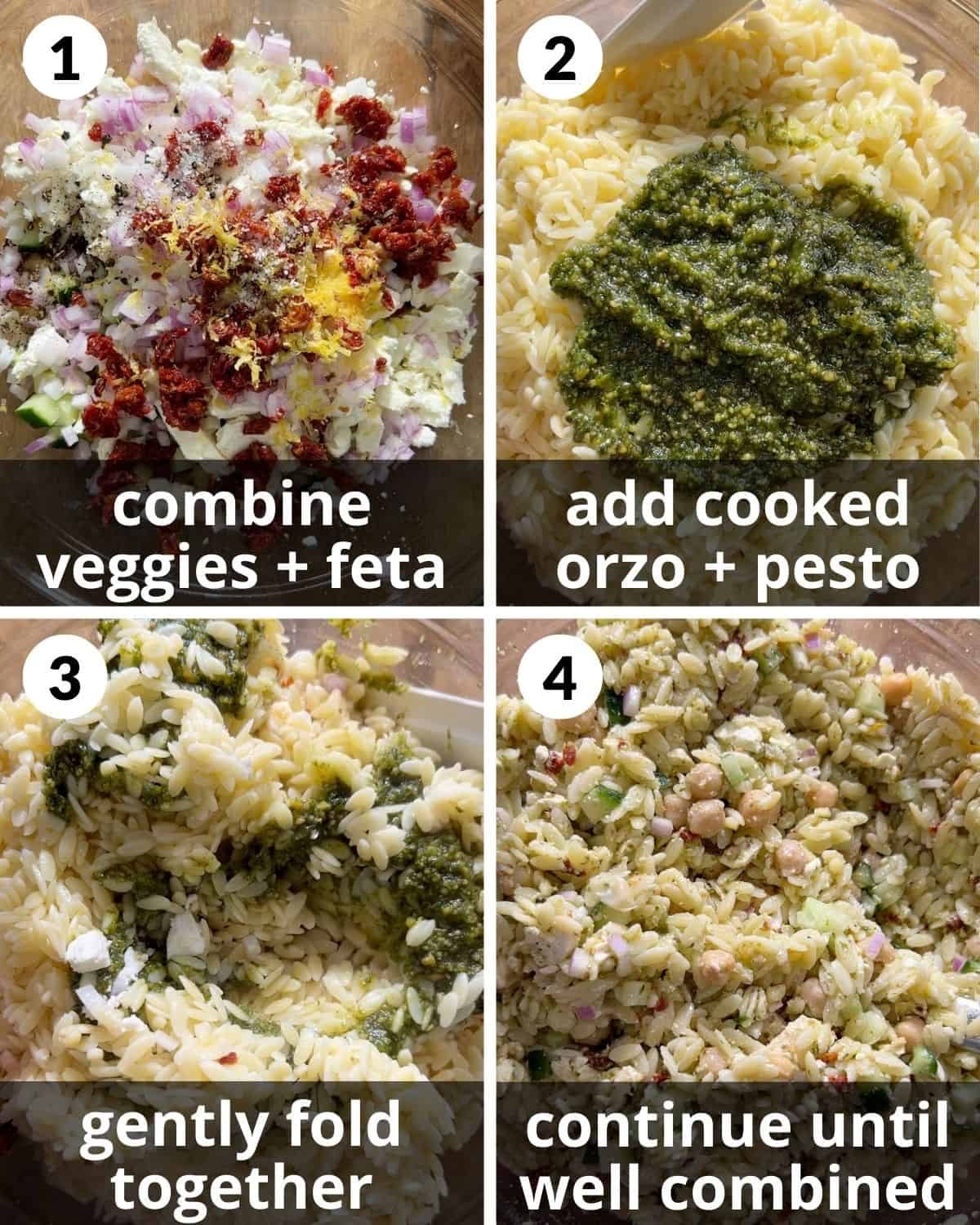 A 4 photo image collage showing the assembly of pesto orzo salad.