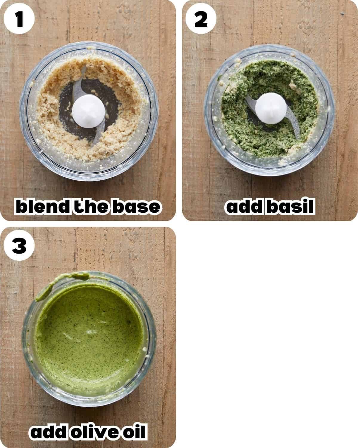 A three image collage showing the steps to make pesto without pine nuts.