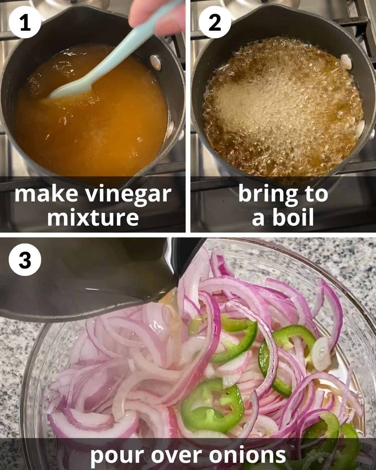 A 3 photo collage showing how to make pickling liquid.