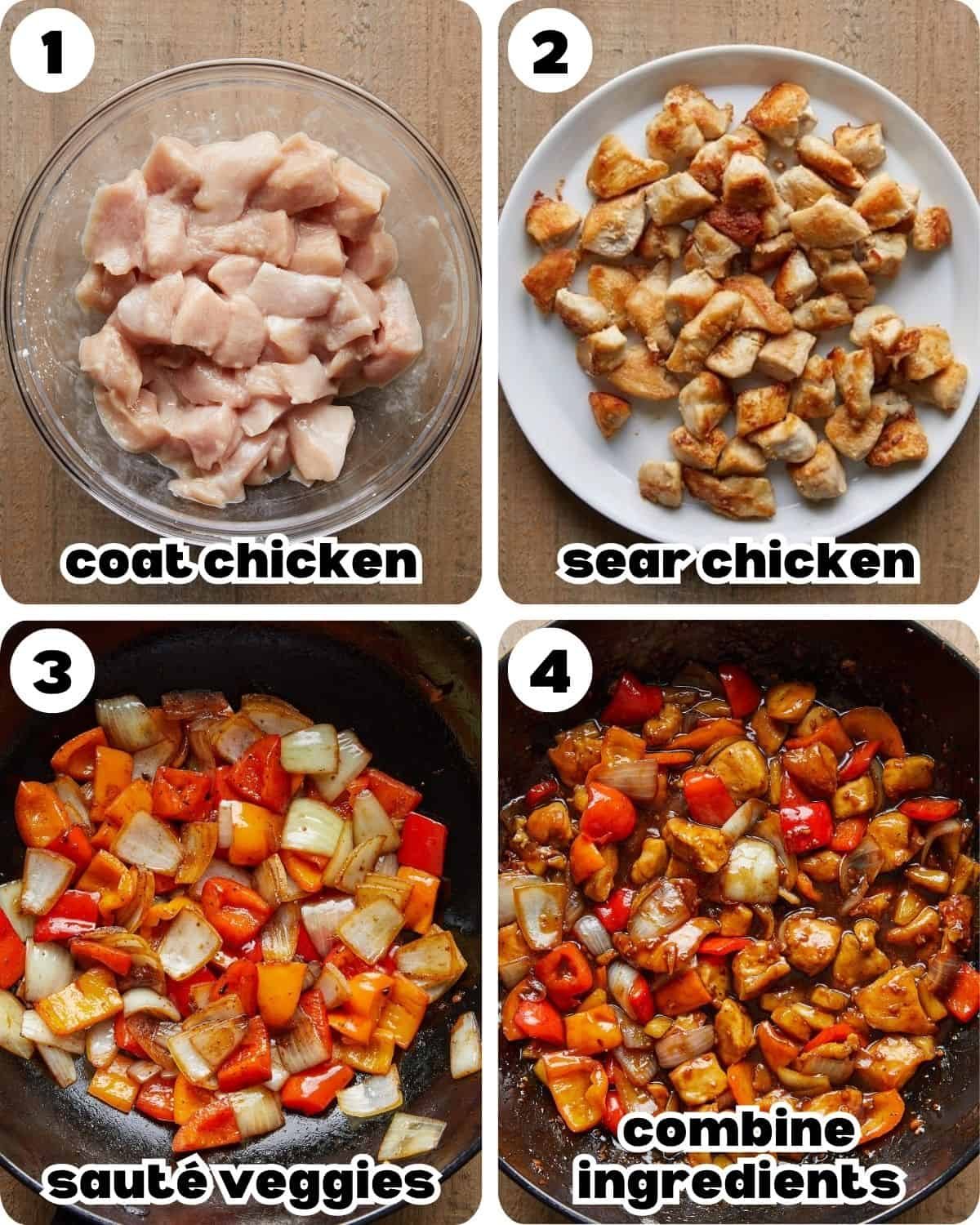 A four image collage showing the steps for pineapple teriyaki chicken.