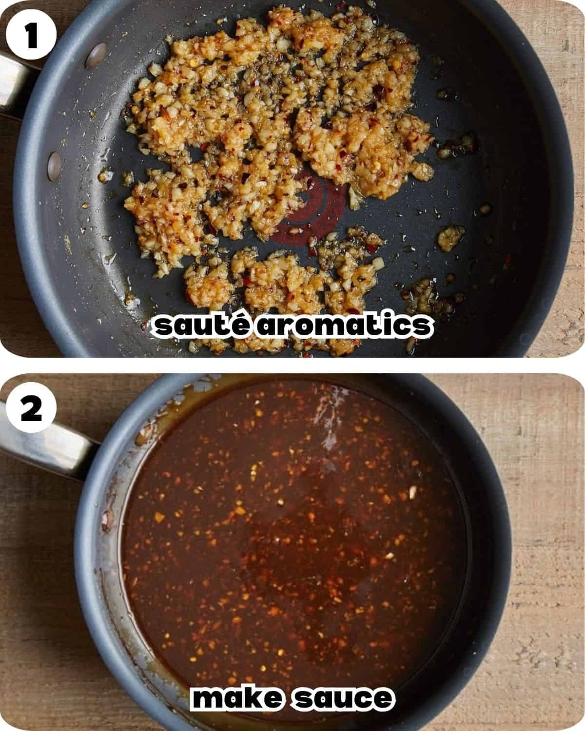 A two photo collage showing the steps for pineapple teriyaki sauce.