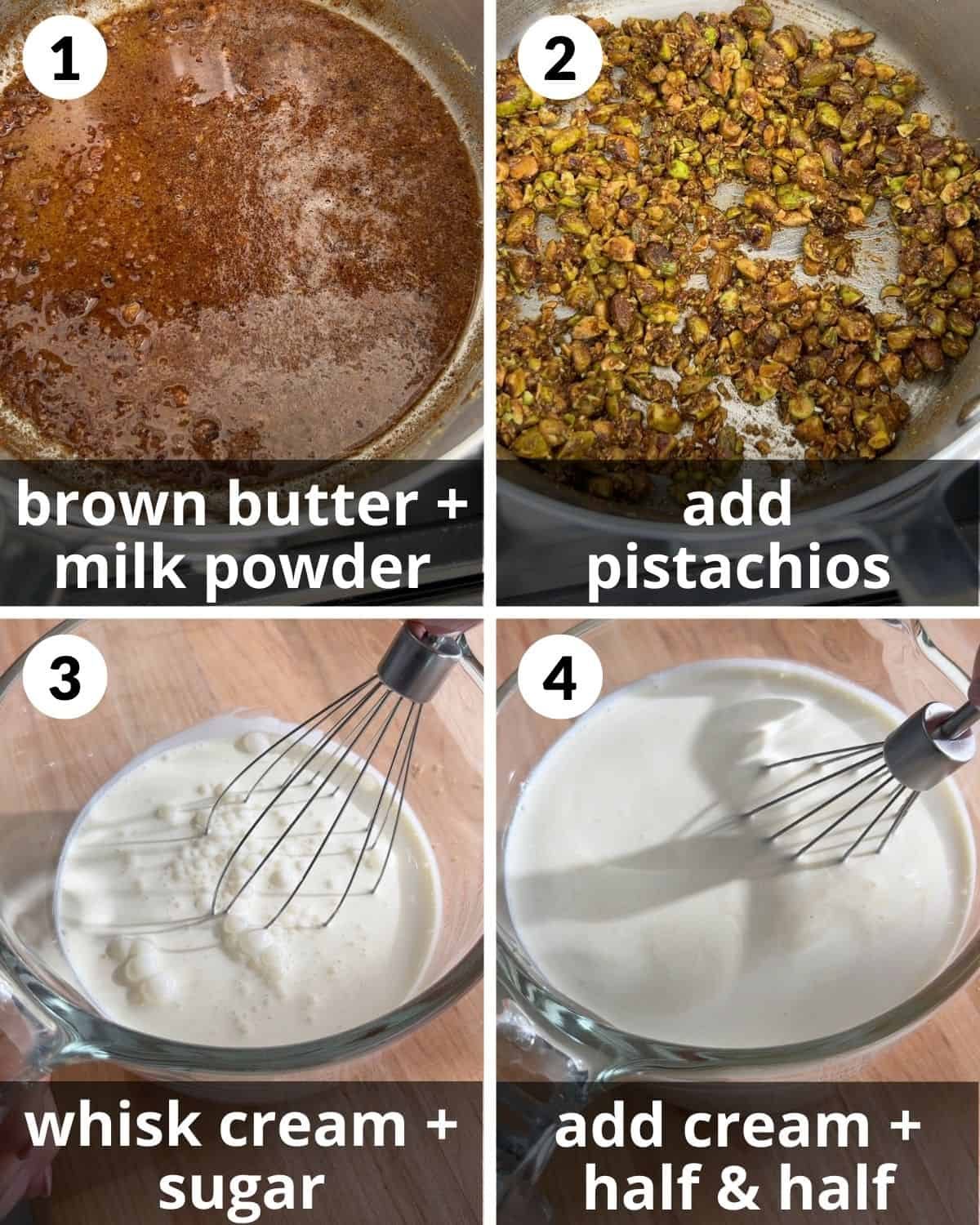 A 4 photo collage showing the beginning assembly of pistachio ice cream.