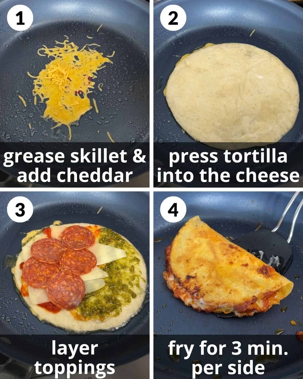 A four image collage showing the assembly of pizza tortilla wraps.