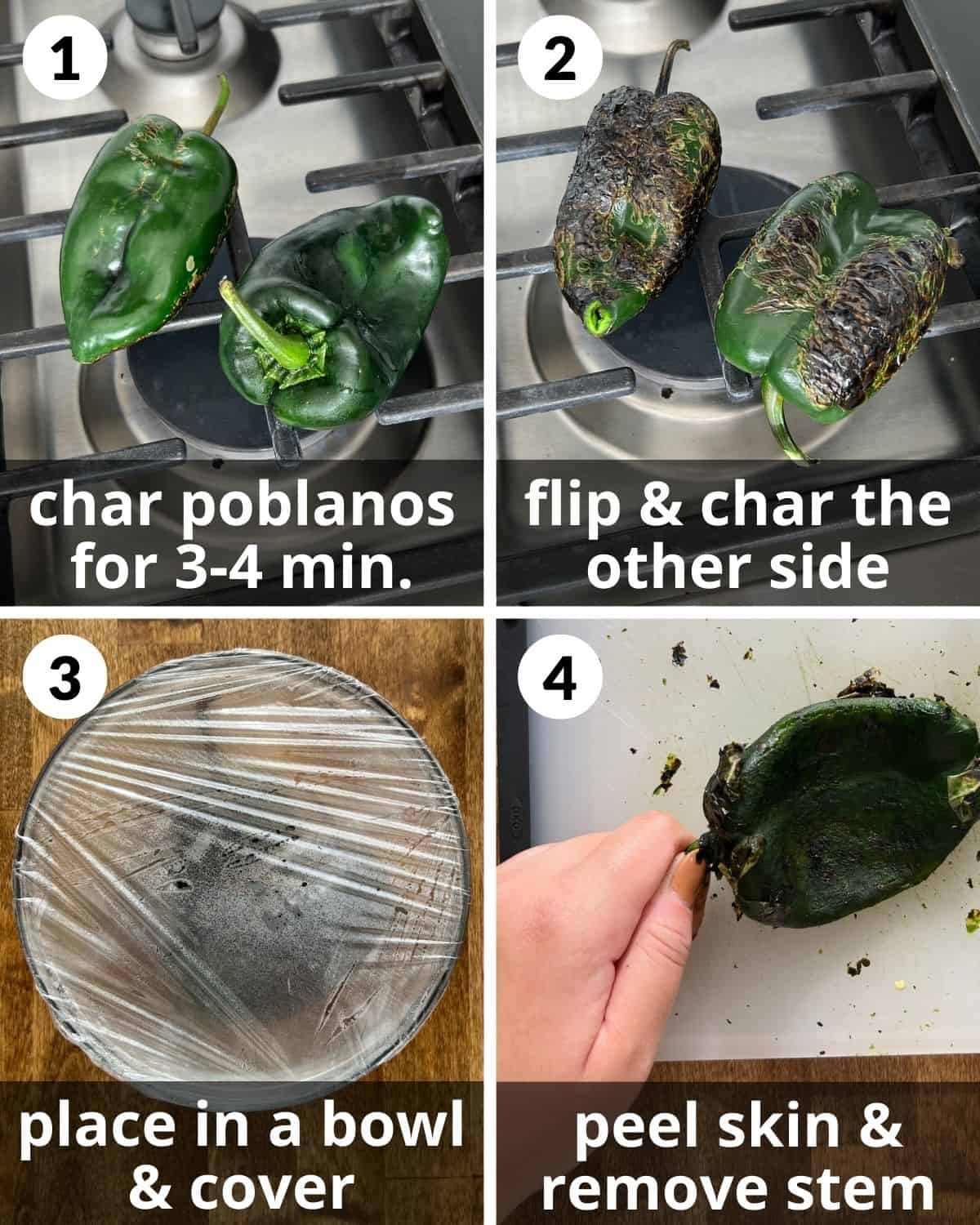 A 4 photo collage showing the beginning assembly of poblano cream sauce.
