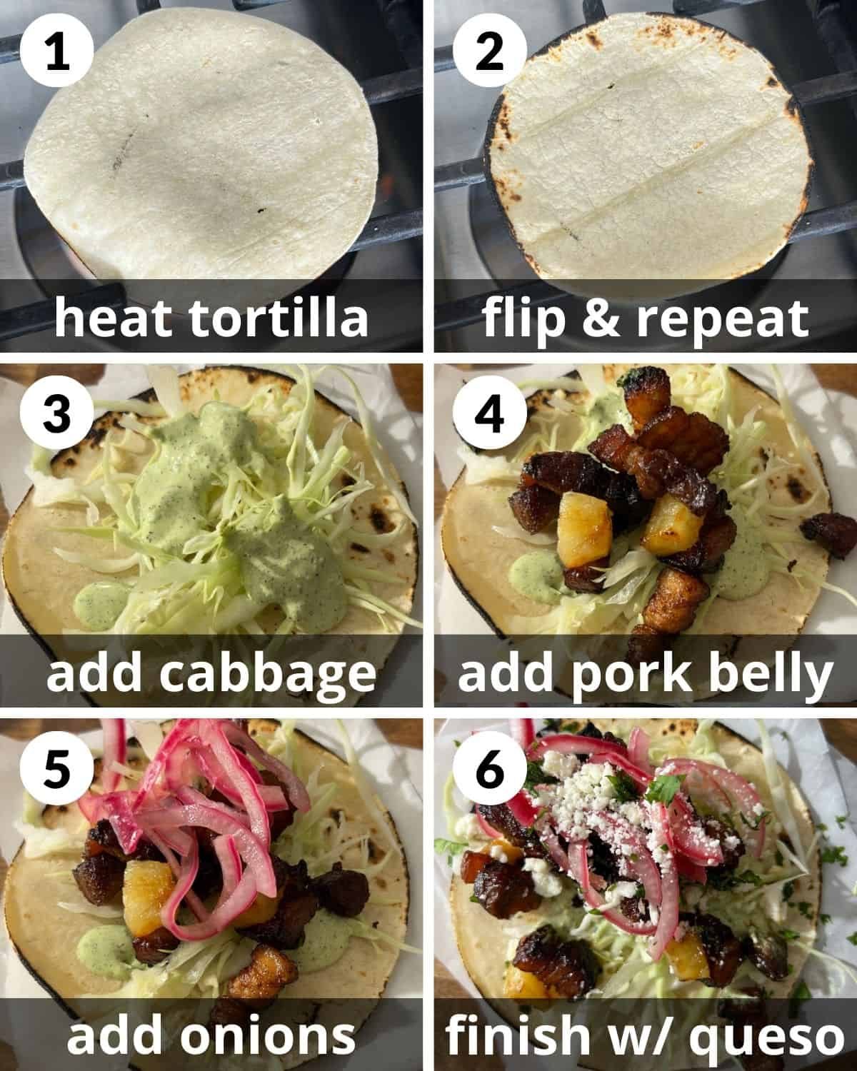 A 6 photo collage showing the assembly of pork belly tacos.