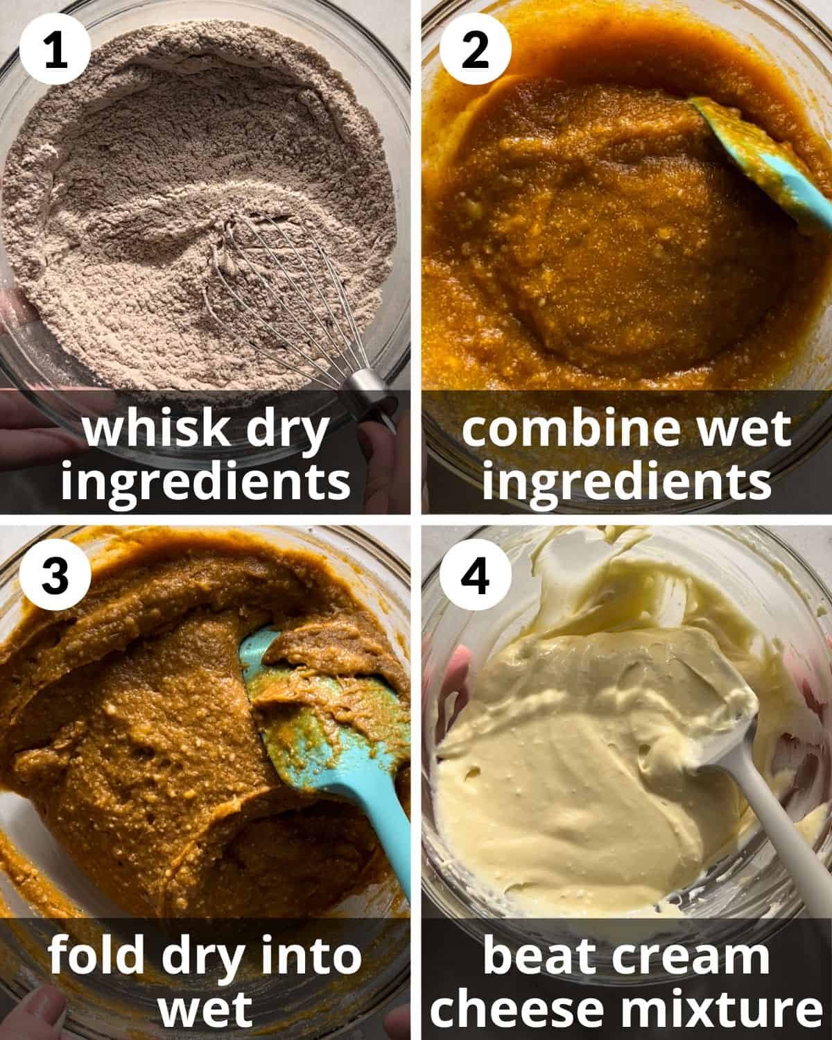 A 4 photo collage showing how to make the batter and cream cheese mixture.