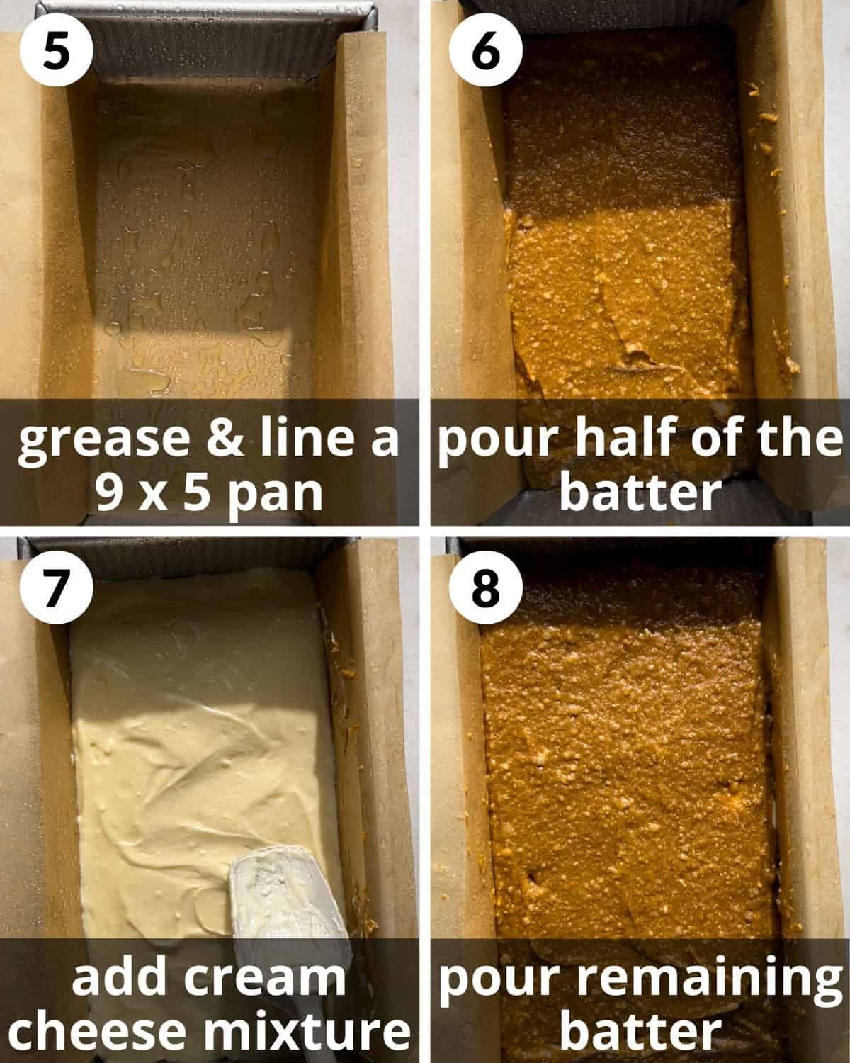 A 4 photo collage showing how to assemble the loaf and layer the batter.