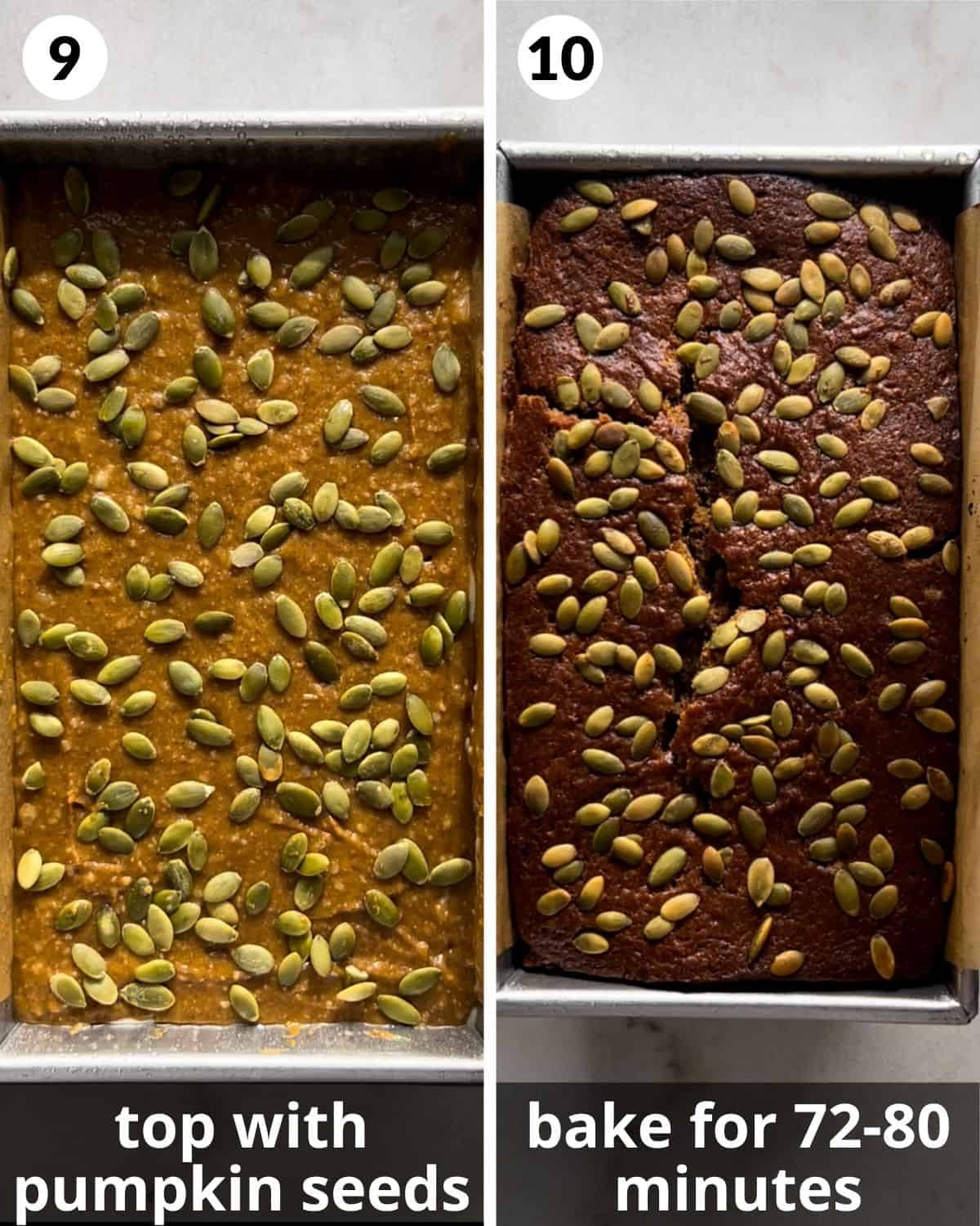 A 2 photo collage showing how to bake the loaf.