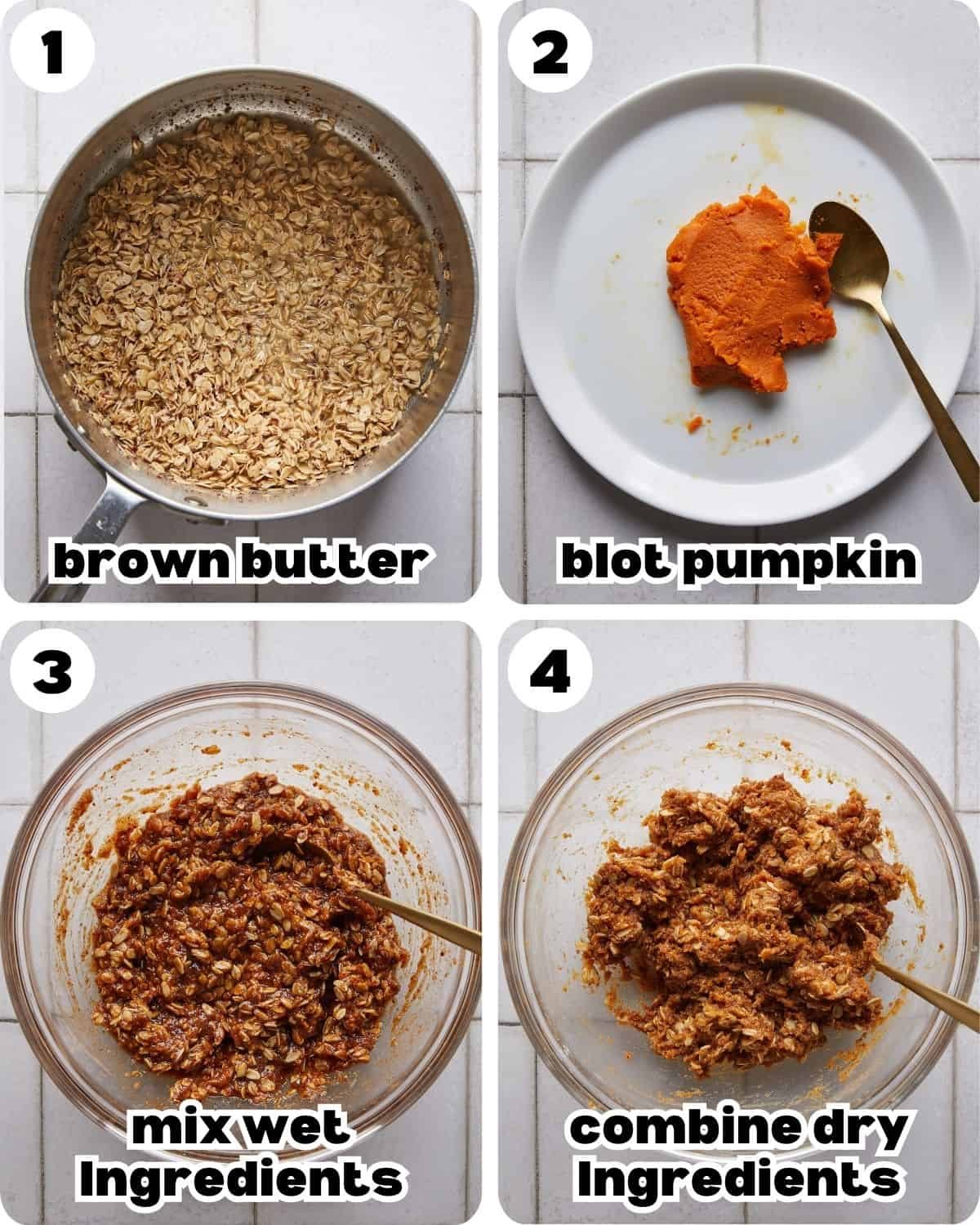 Four-photo collage showing the step-by-step process for making pumpkin oatmeal cookies,