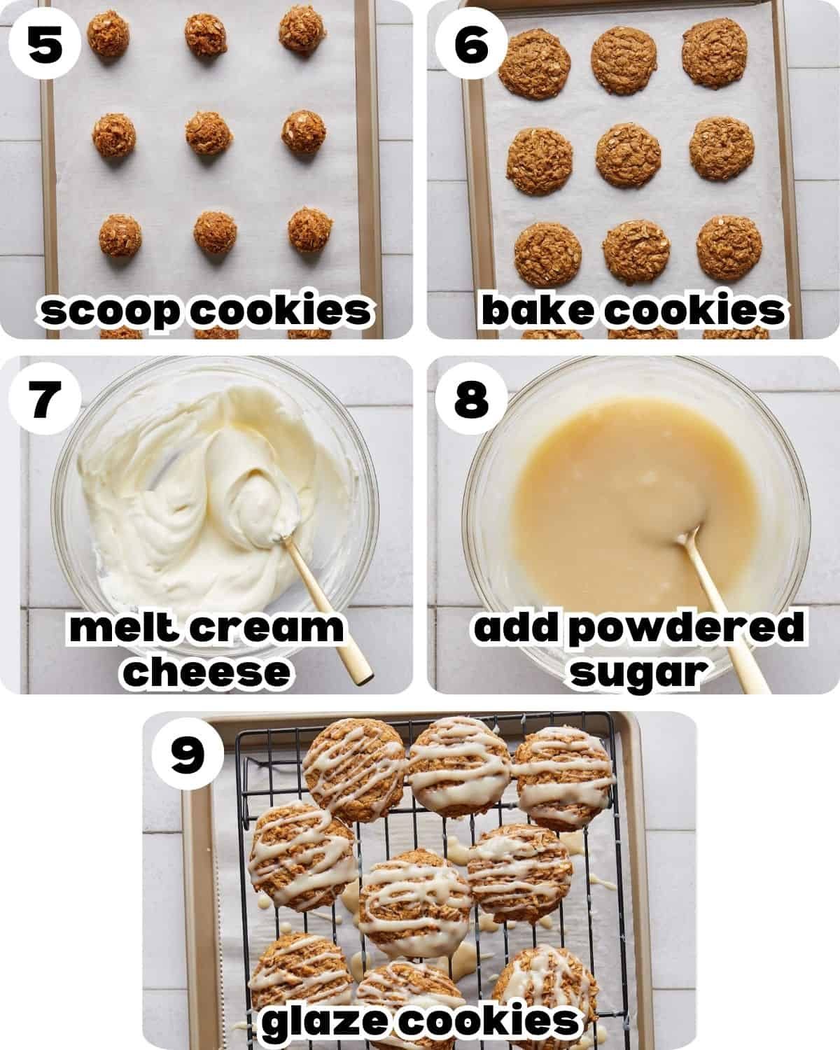 Five-photo collage showing the step-by-step process for making pumpkin oatmeal cookies,