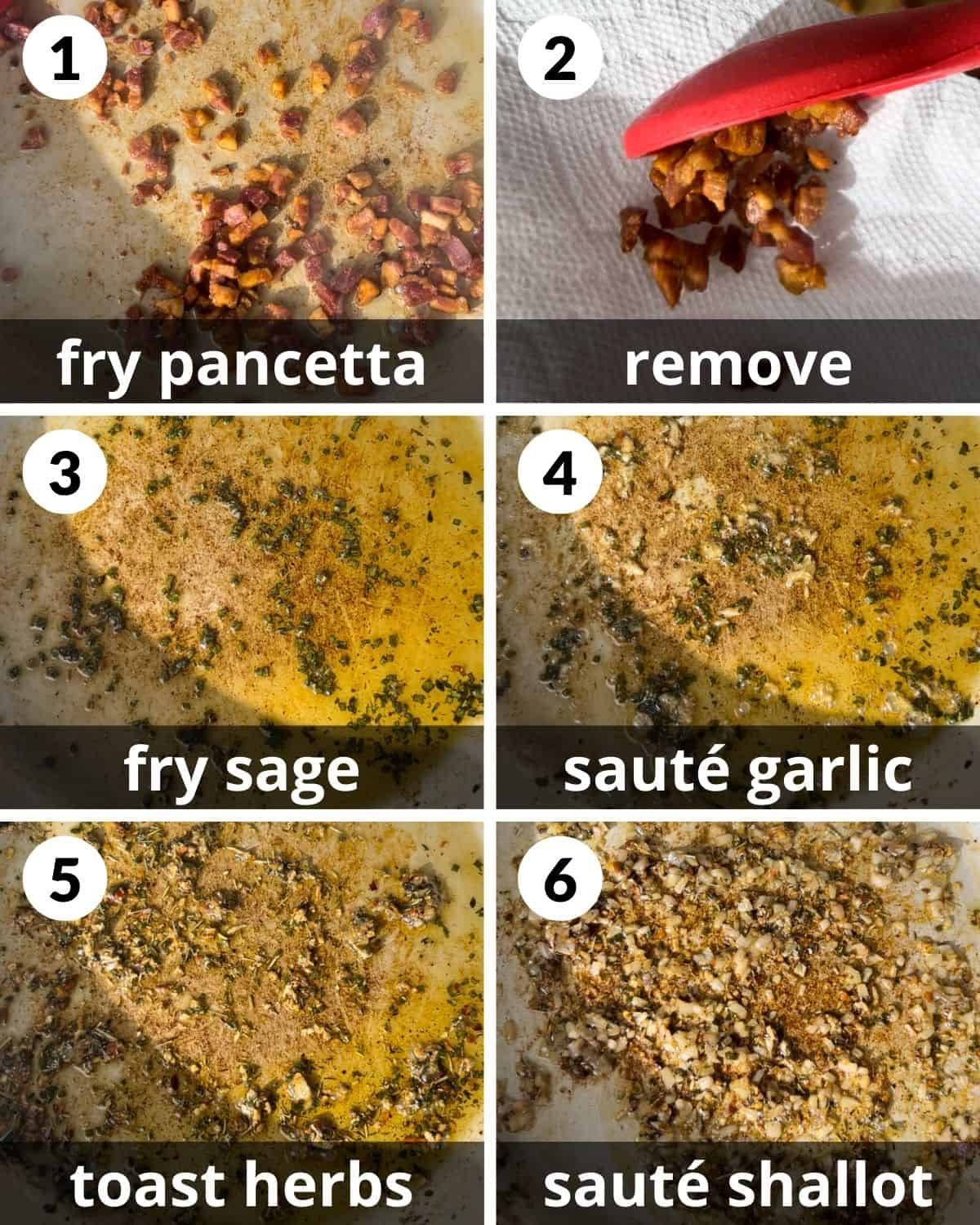 A 6 photo collage showing frying the pancetta, herbs, garlic, and shallot.