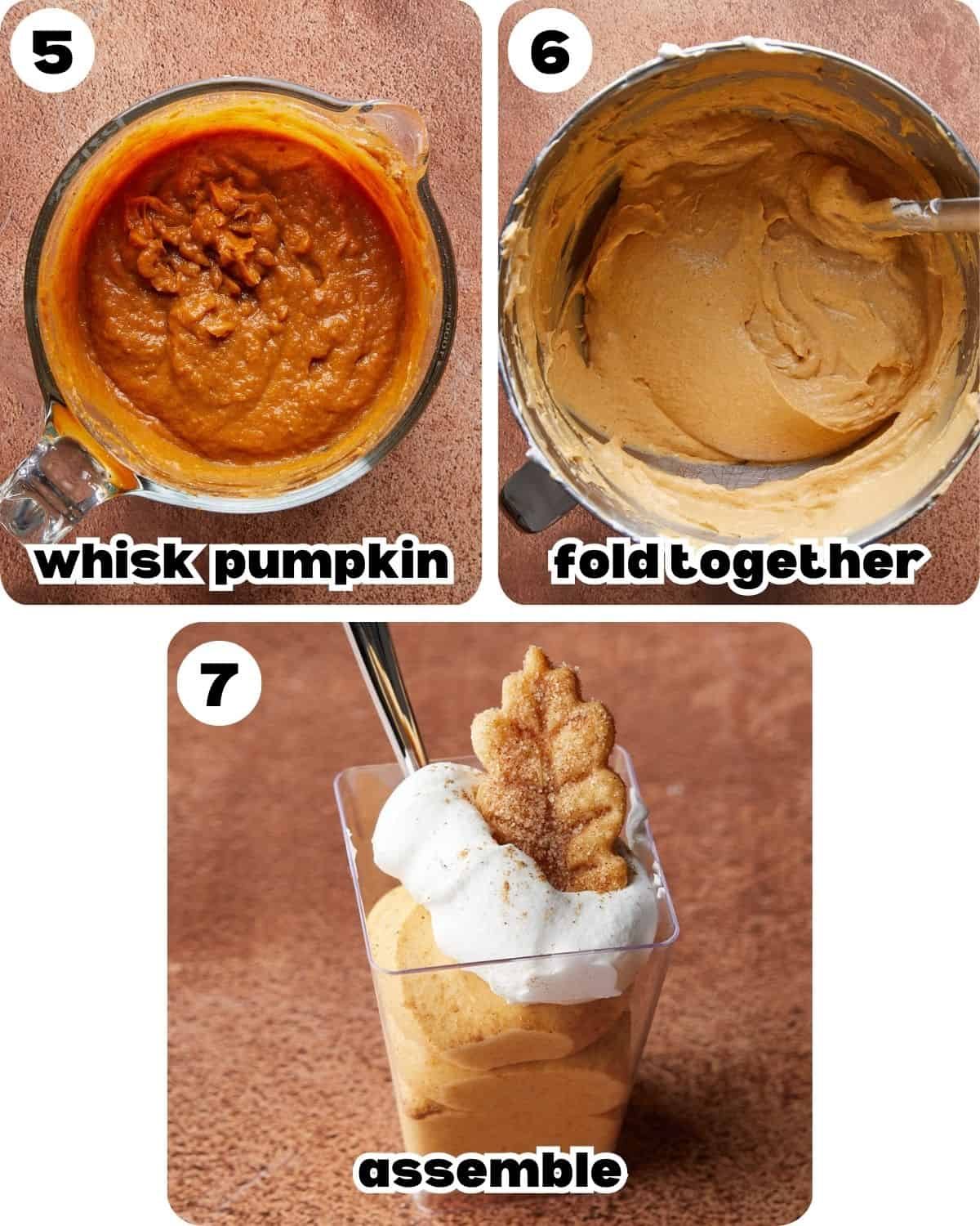 Three-photo collage showing the step-by-step process for making pumpkin pie in a cup.
