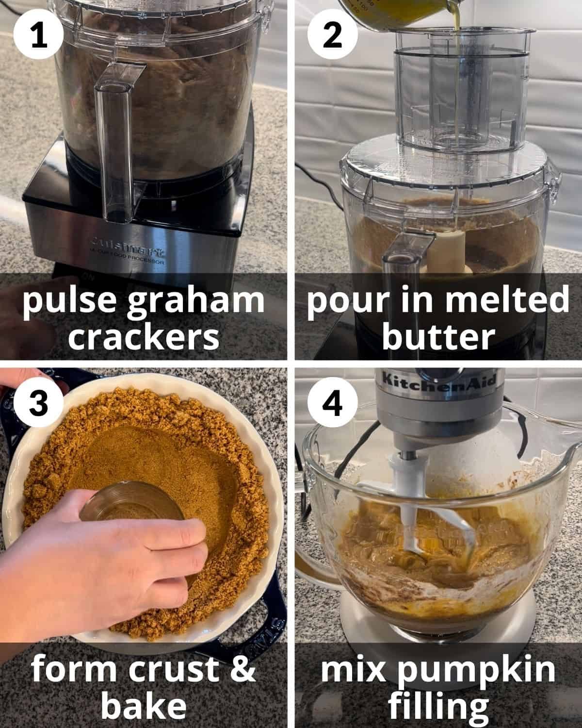 A 4 photo collage showing how to make graham cracker crust and pie filling.
