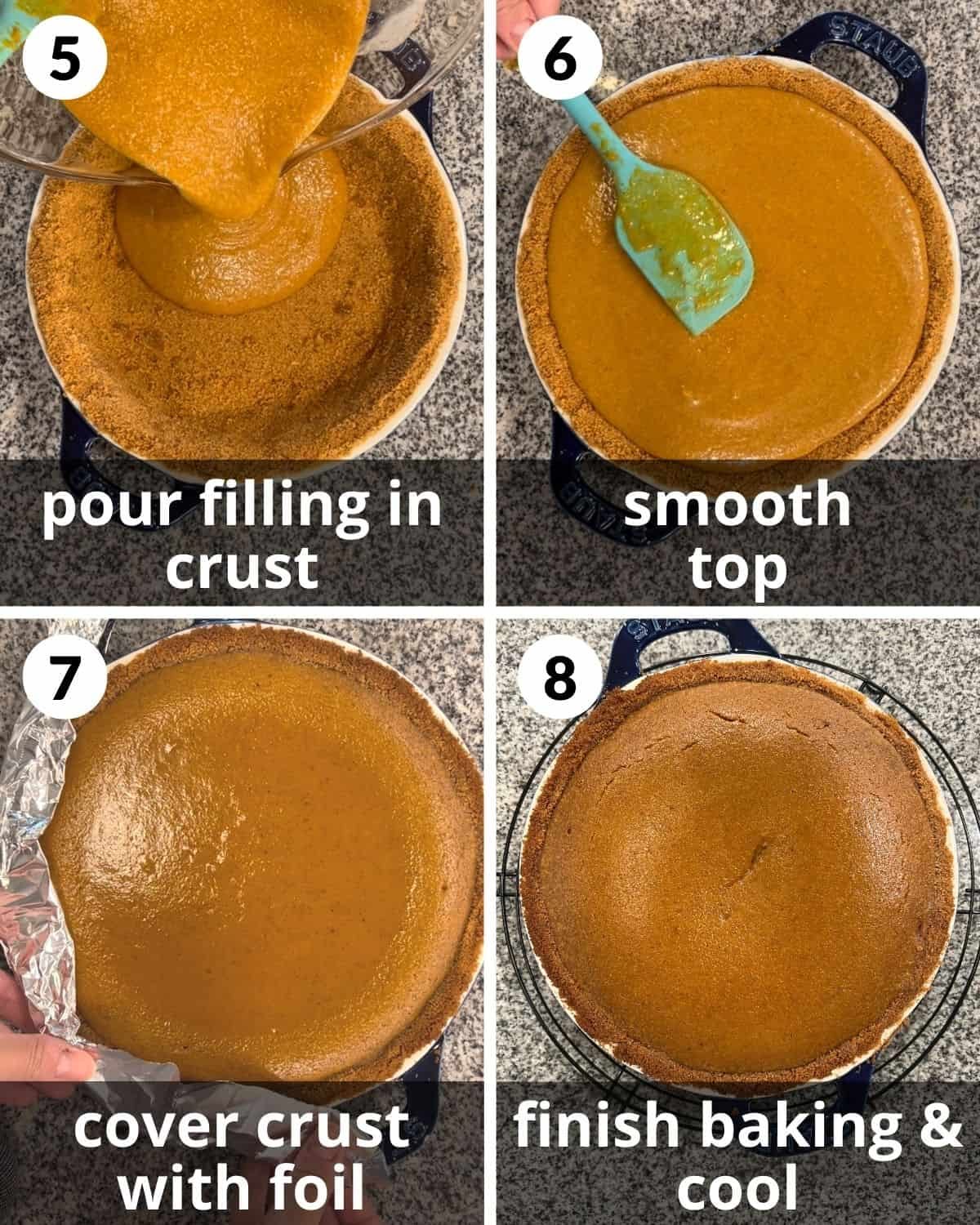 A 4 photo collage showing how to bake the pumpkin pie.