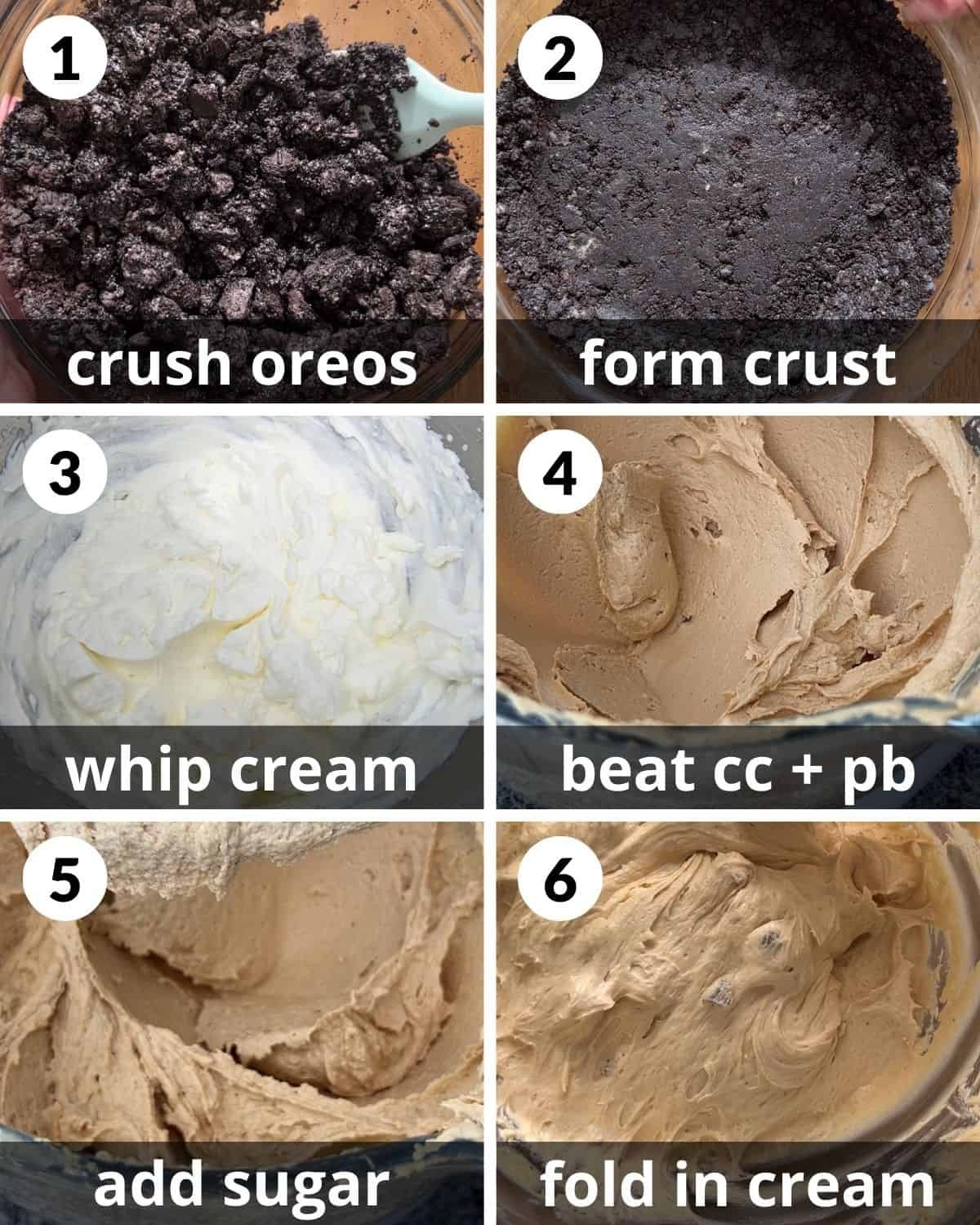 A 6 photo collage showing the beginning assembly of reeses peanut butter cup pie.