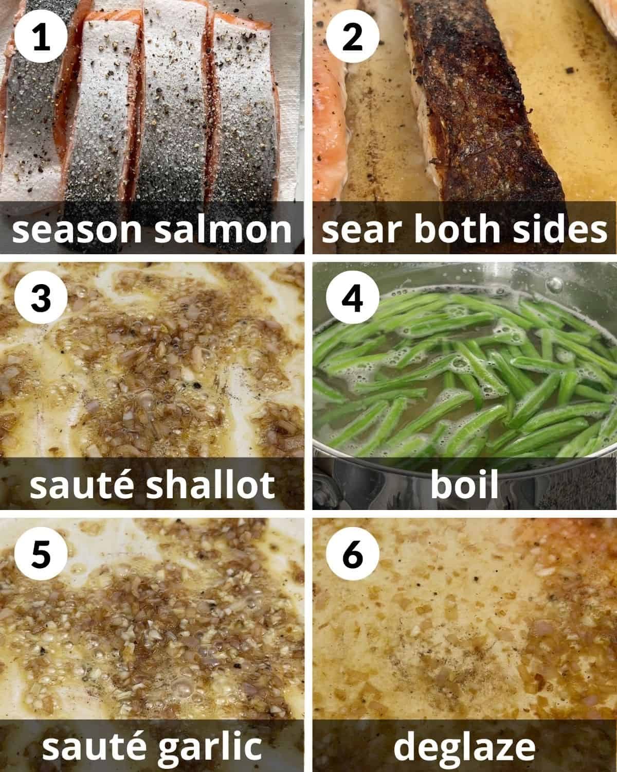 A 6 photo collage showing the beginning assembly of salmon pasta without cream.