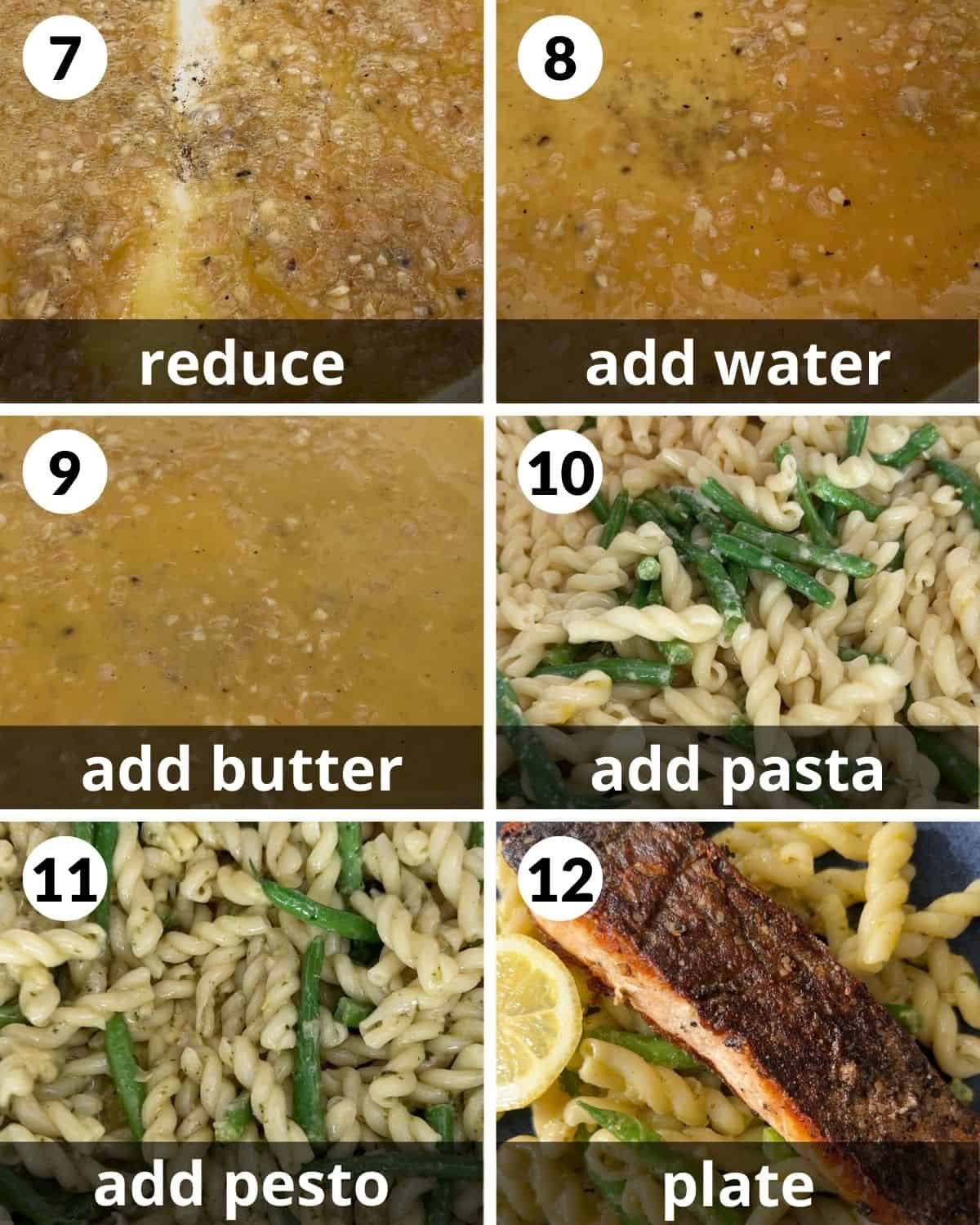 A 6 photo collage showing the final assembly of salmon pasta without cream sauce.