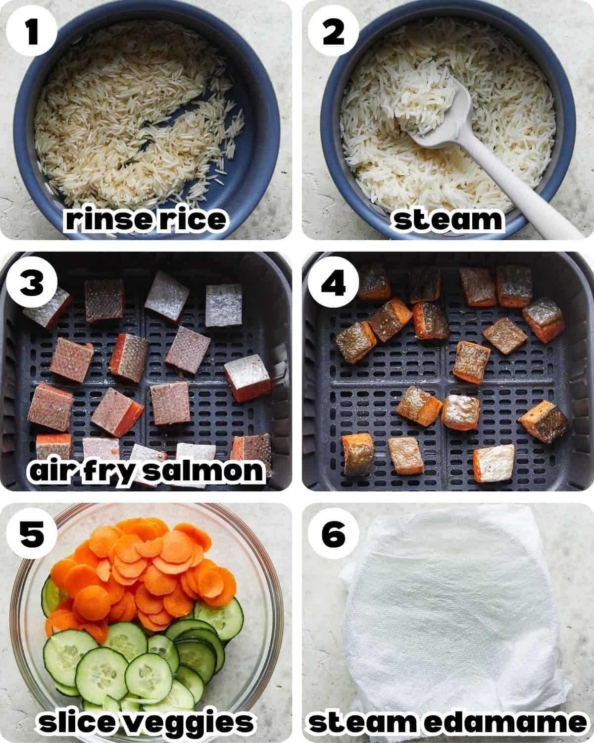 A 6 photo collage showing the assembly of teriyaki salmon rice bowls.