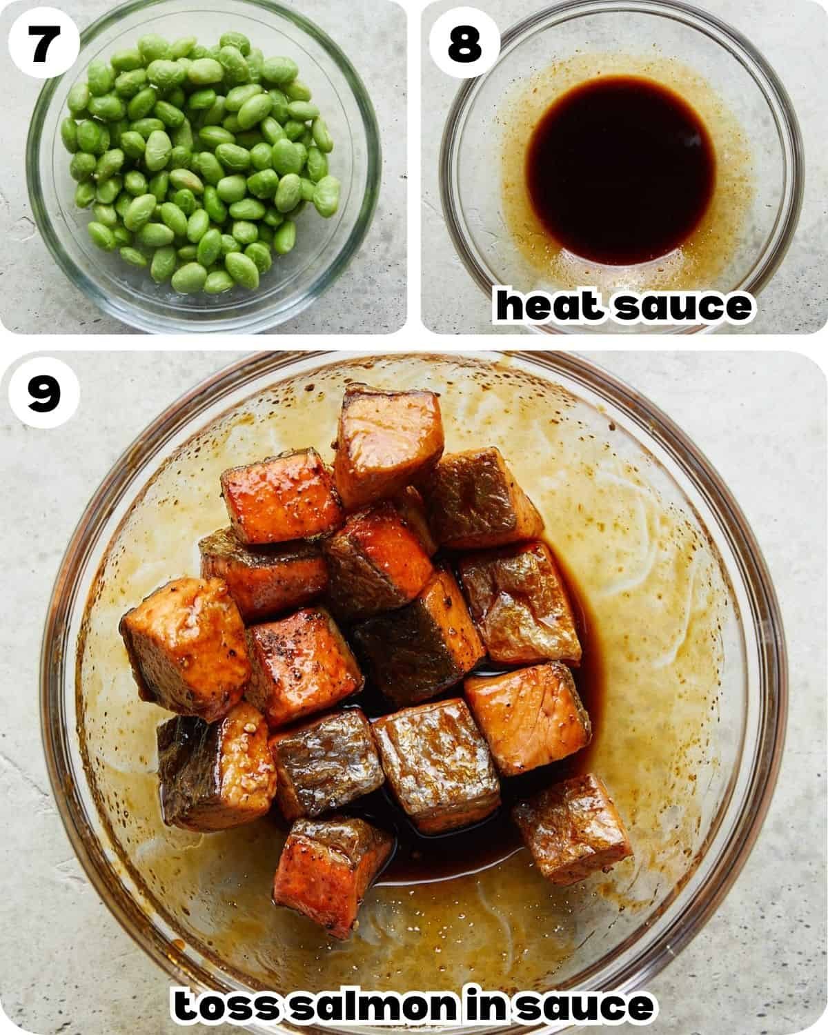 A three image collage showing the final assembly of teriyaki salmon rice bowls.
