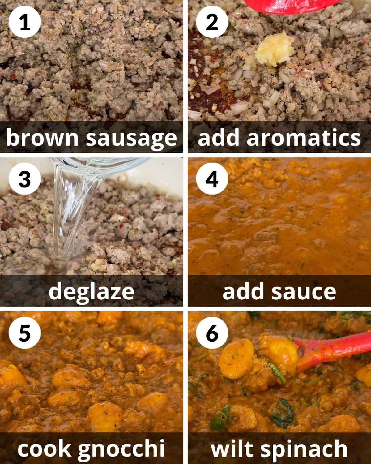 A 6 photo collage showing the assembly of sausage gnocchi with creamy tomato sauce and spinach.