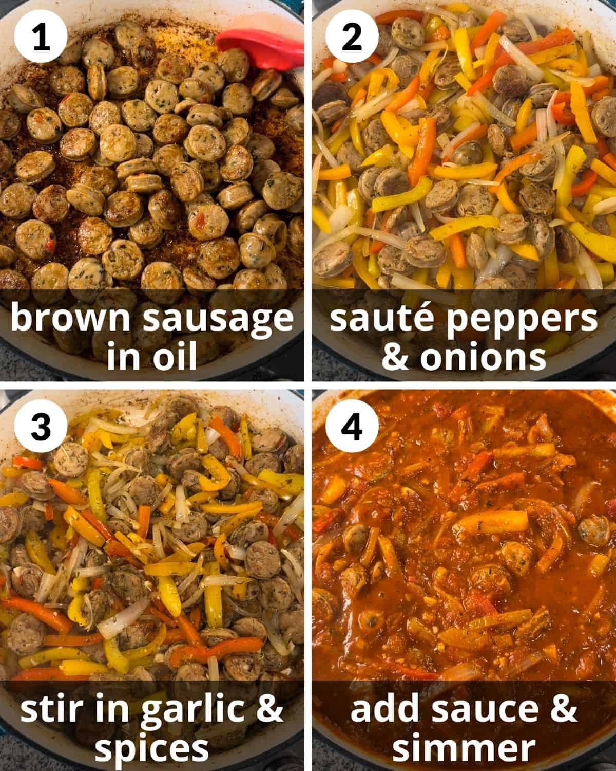 A 4 photo collage showing how to brown the sausage and make the sauce.