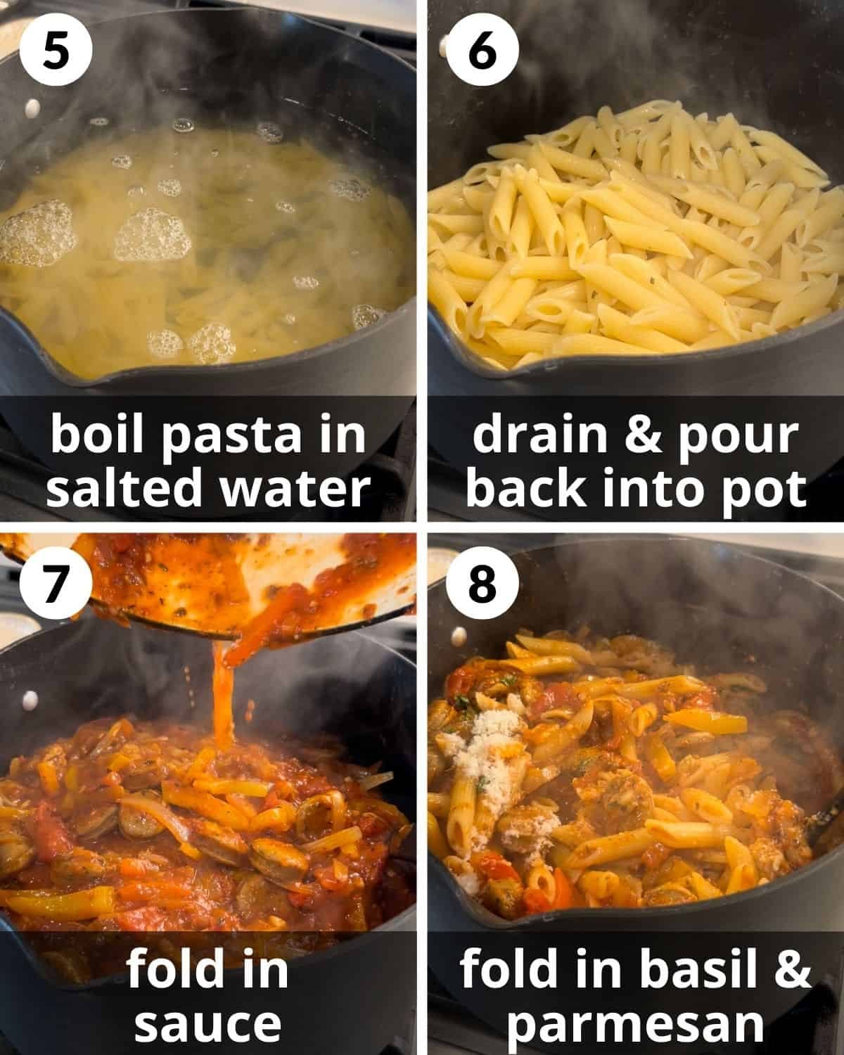 A 4 photo collage showing boiling pasta and combining it with the pasta.