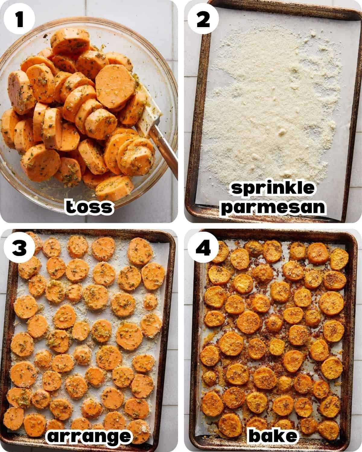 A four photo collage showing the steps for savory sweet potatoes.