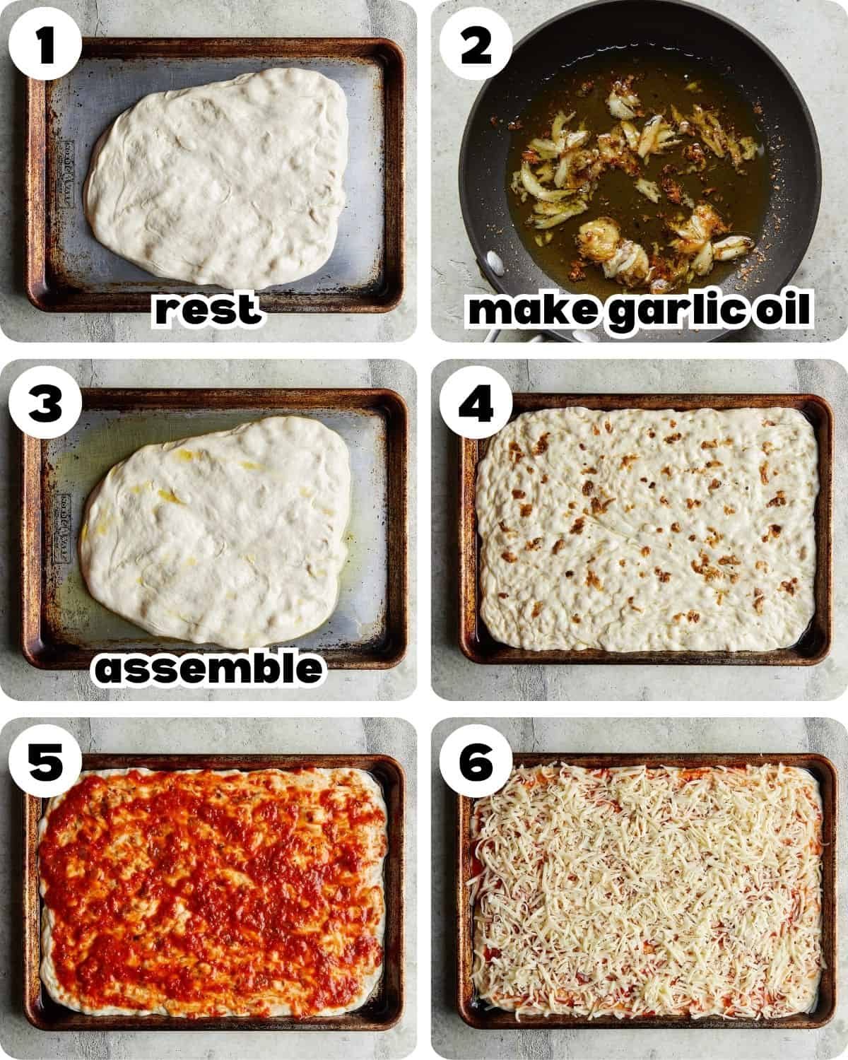 A 6 photo collage showing the first six steps for crispy pepperoni sheet pan pizza.