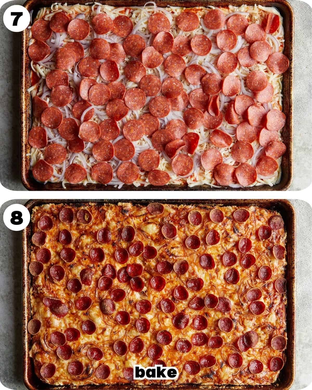 A two photo collage showing the final steps for crispy pepperoni sheet pan pizza.