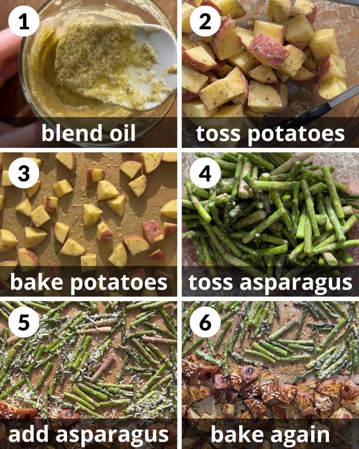 A 6 photo collage showing the assembly of potatoes and asparagus.