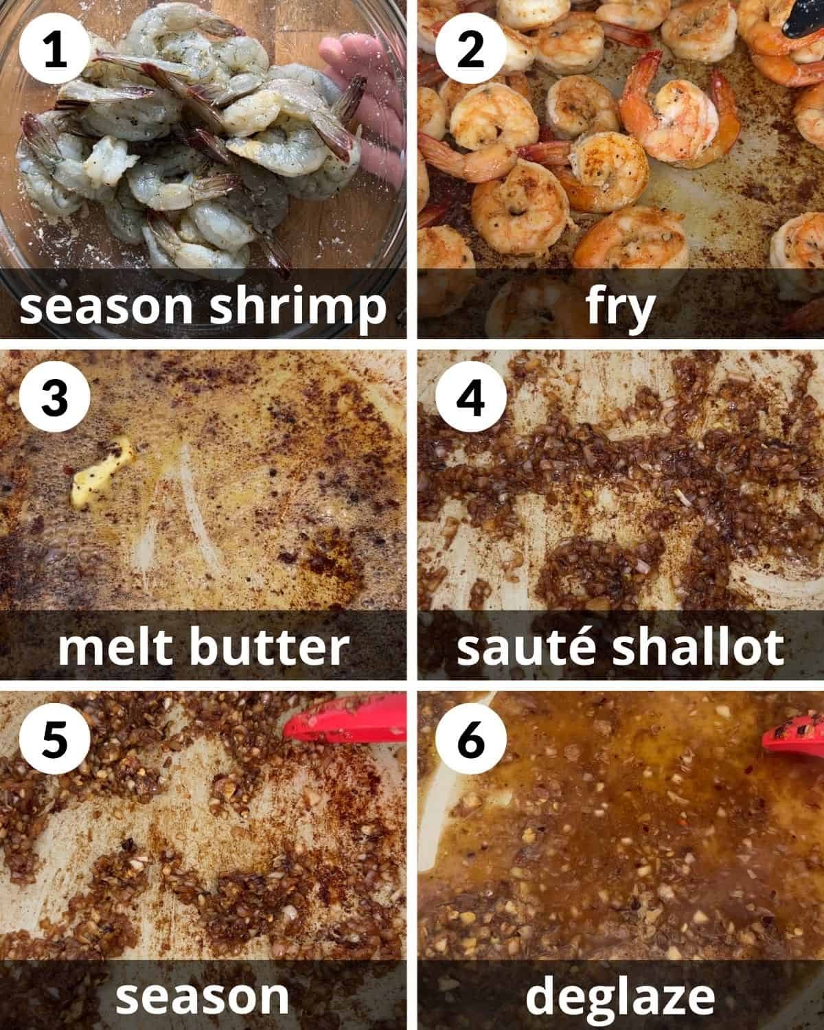 A 6 photo collage showing the beginning assembly of shrimp scampi without wine.