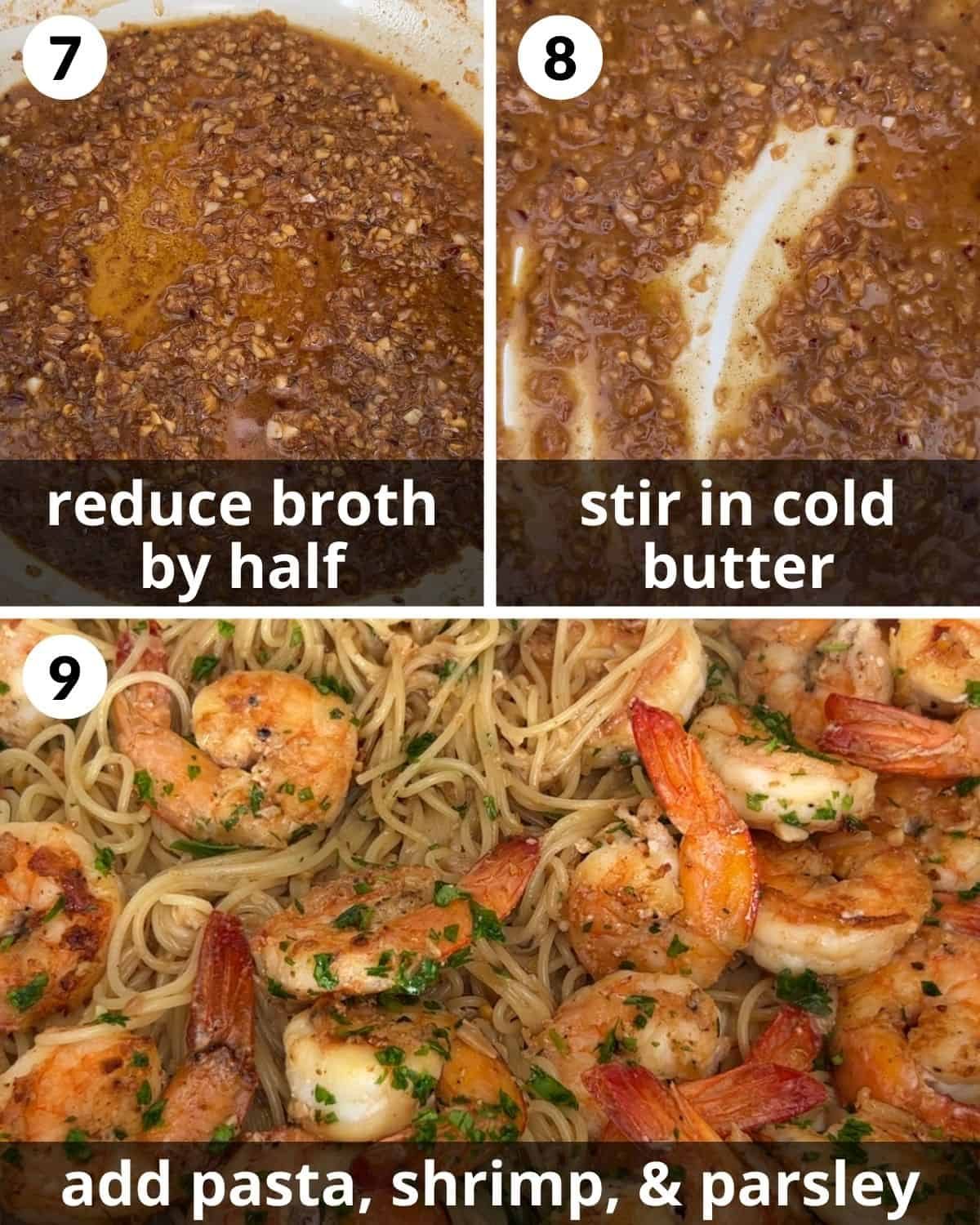 A 3 photo collage showing the final assembly of shrimp scampi without wine.