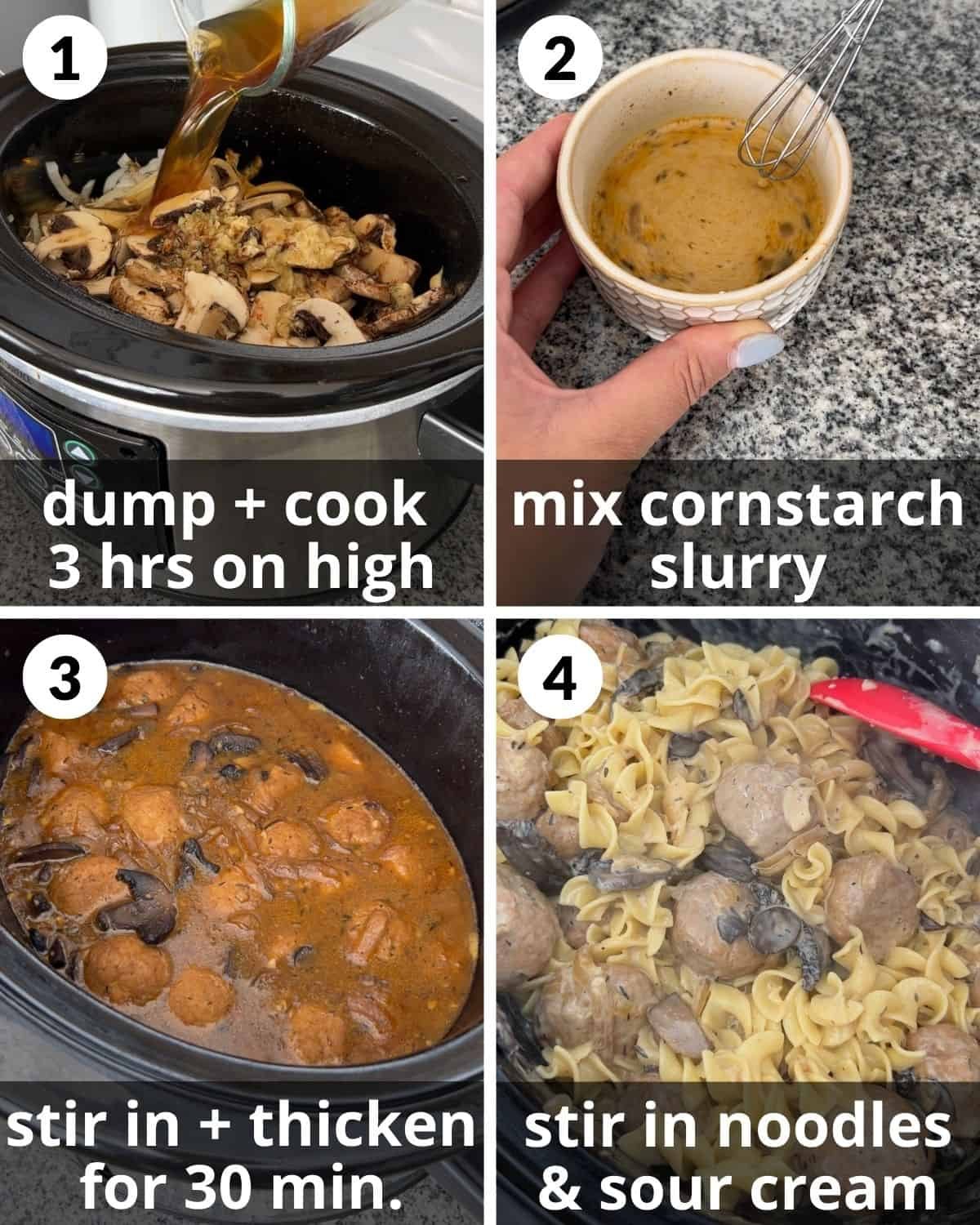 A four image collage showing the assembly of slow cooker meatball stroganoff.