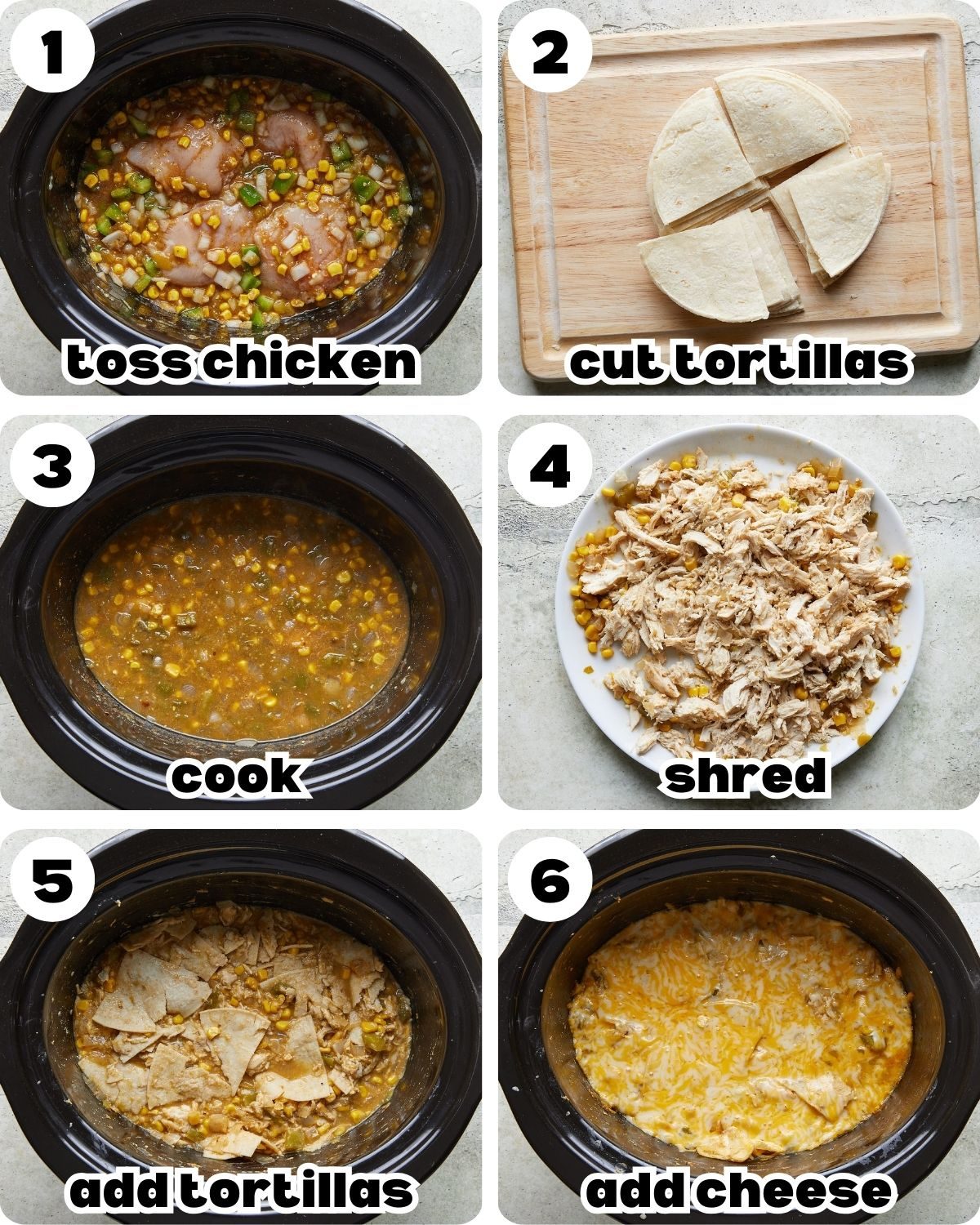 A 6 photo collage showing the steps for making slow cooker chicken enchilada casserole.