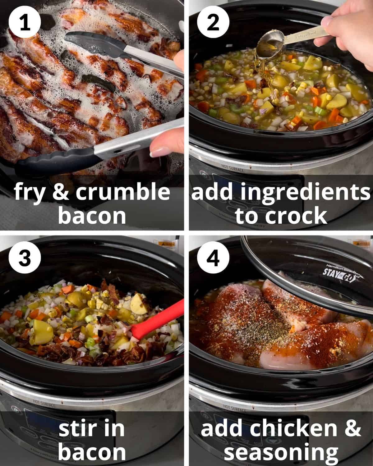 A 4 photo collage showing the assemly of slow cooker chicken and corn soup.