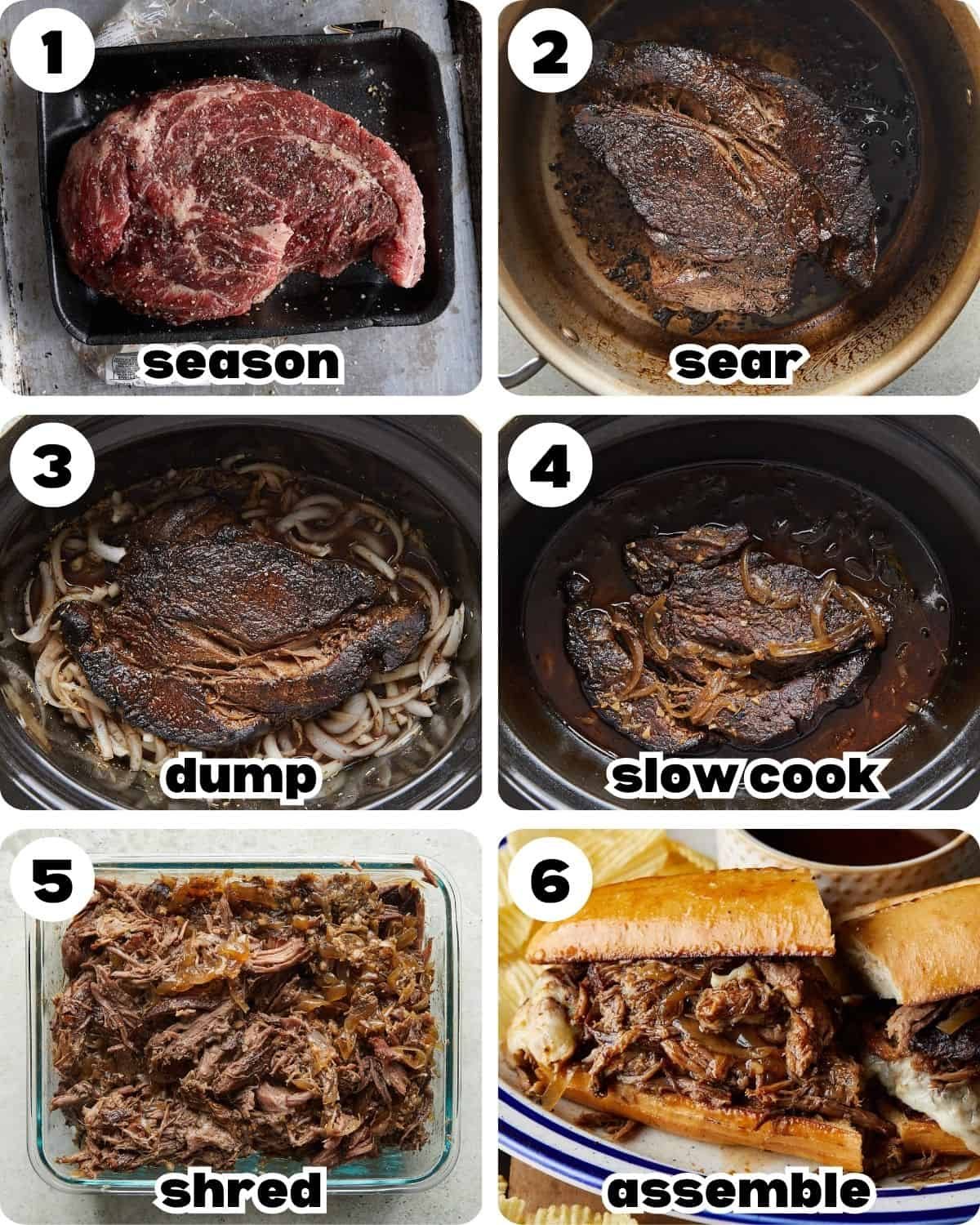 A 6 photo collage showing the steps for french dip sandwich with au jus.
