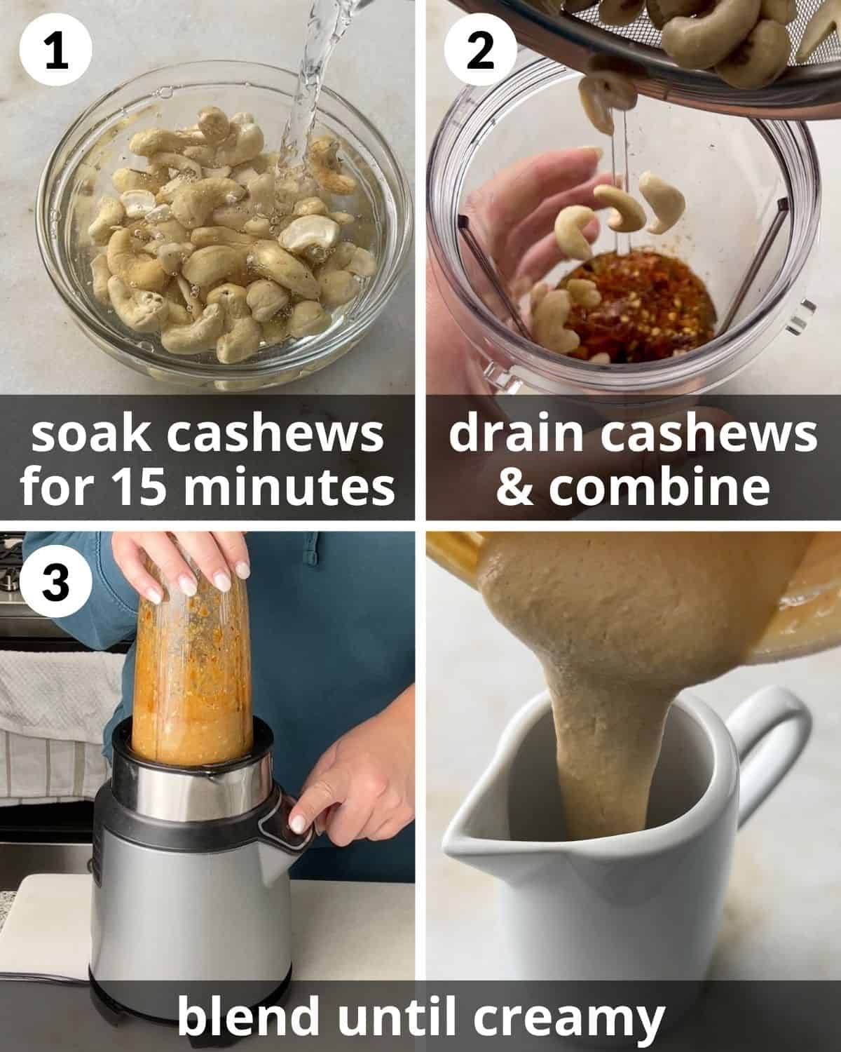 A three photo collage showing the assembly of spicy cashew dressing.