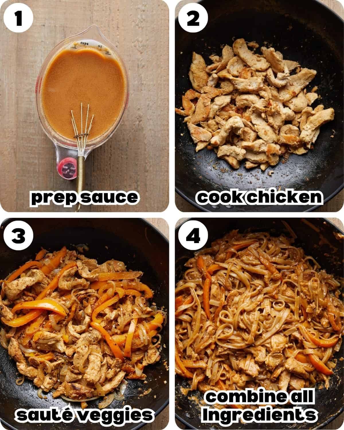 A 4 photo collage showing how to make spicy peanut noodles with chicken.
