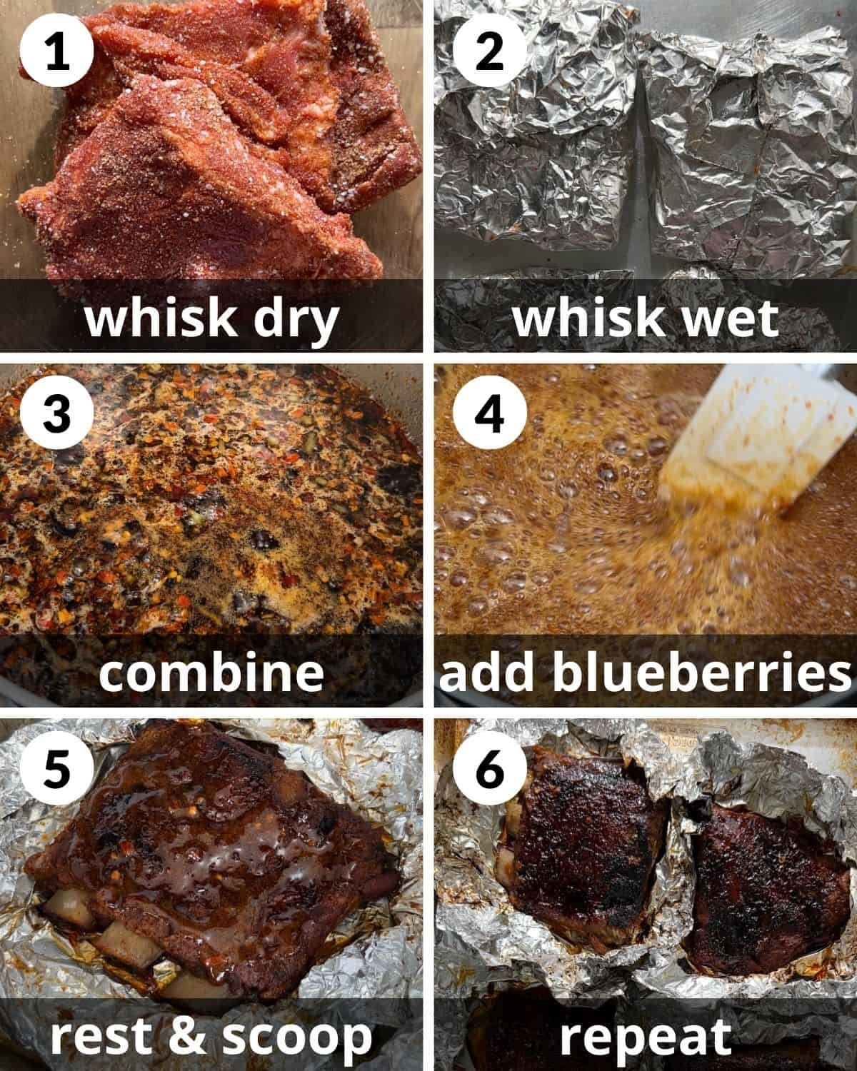 A 6 photo collage showing the assembly of sticky asian ribs.
